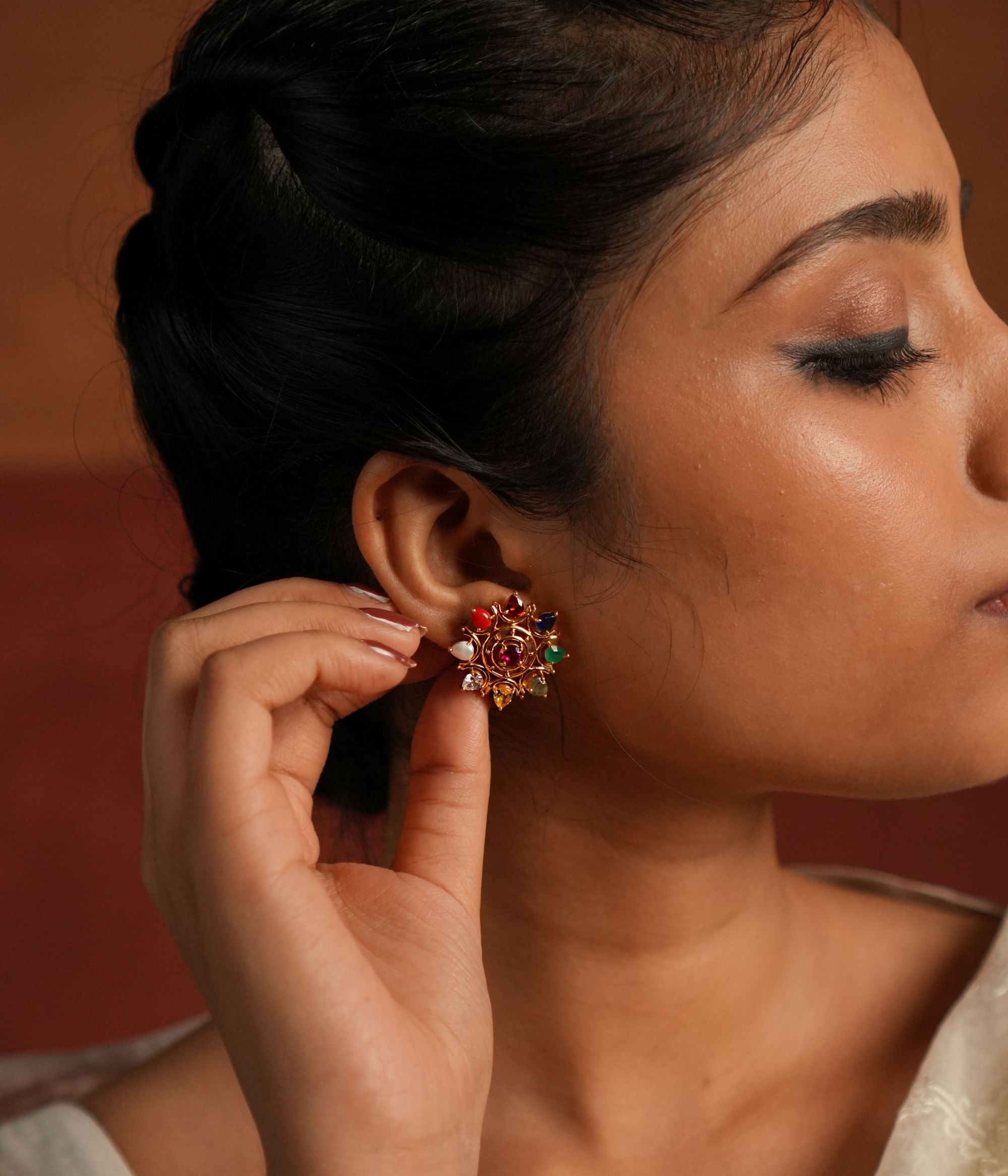 Handmade Silver Earrings with Navratna CZ Stones in Gold Plating