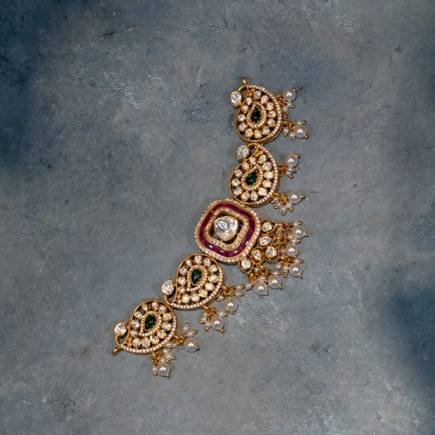 Kiravani Necklace in 92.5 Silver with Polki, CZ stones, and pearls