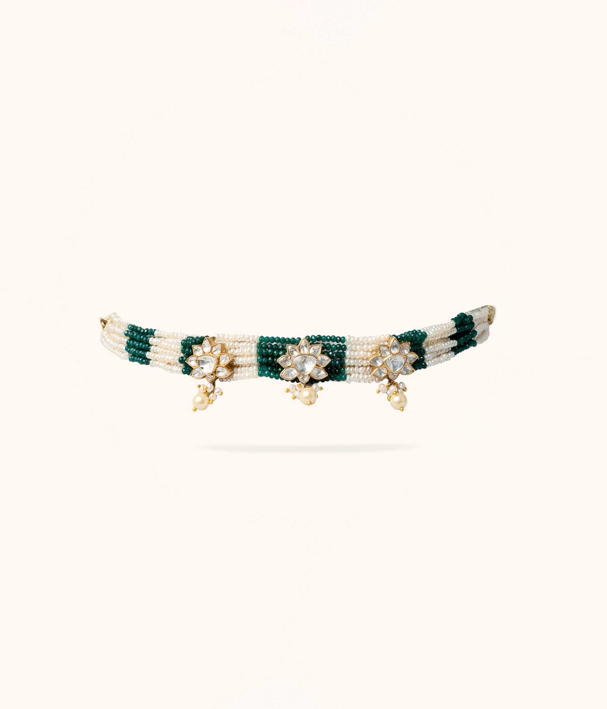 Kishh Green Beads And Pearls Moissonite Choker
