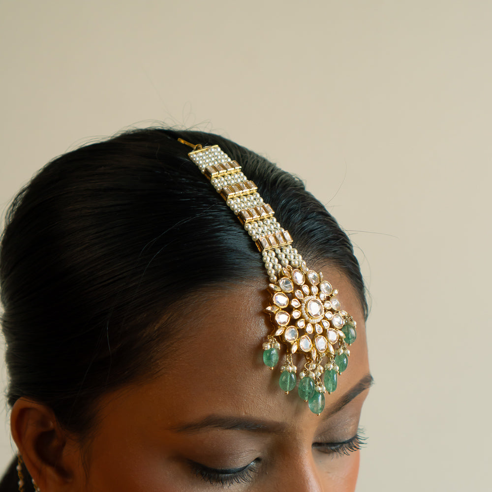 Kisna Maangtika in 92.5 Silver with Polki Stones and Pearls