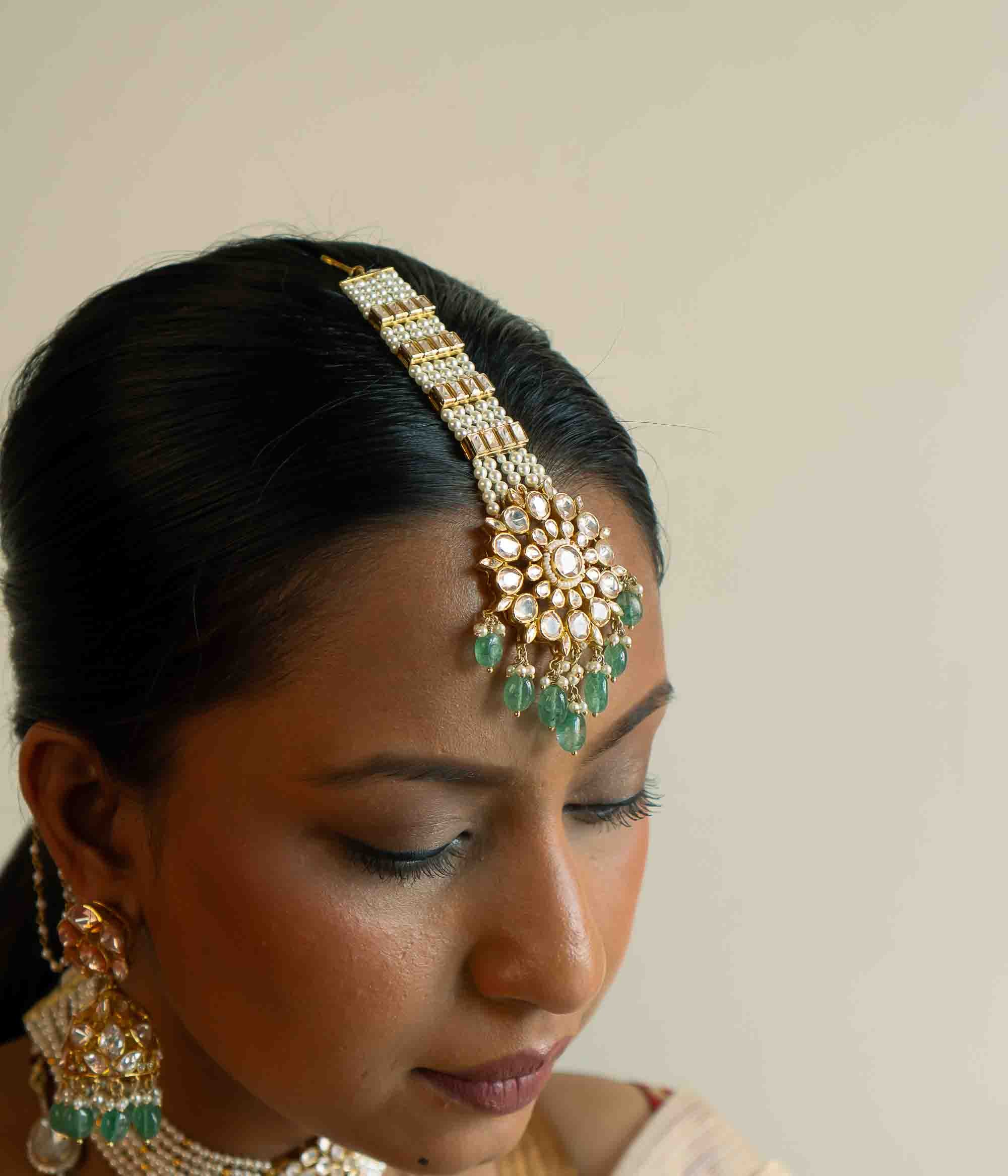 Handmade Gold Plated Maangtika with Blue Beads and Pearls