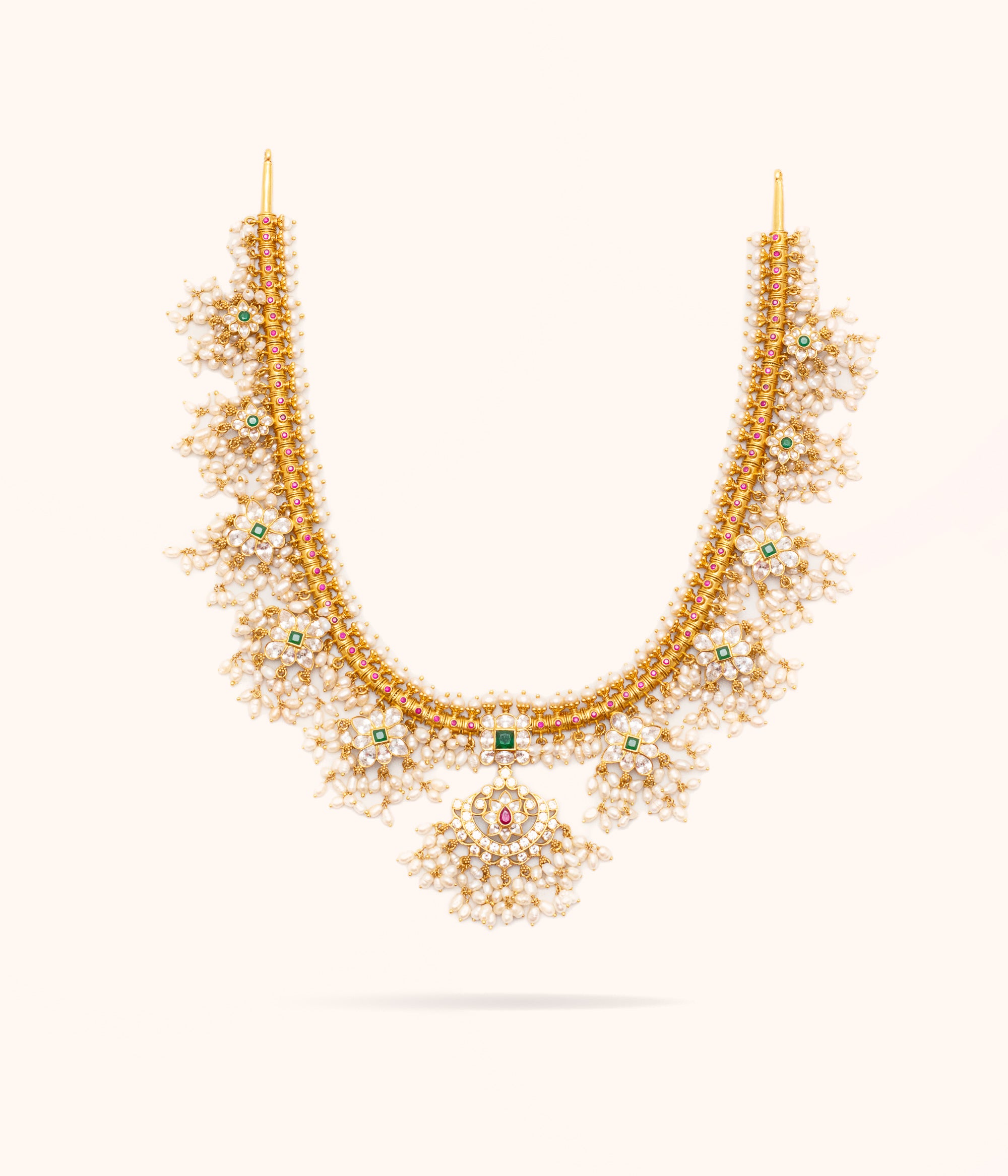 Handmade Silver Necklace with CZ Stones Green Cut Stones and Pearls