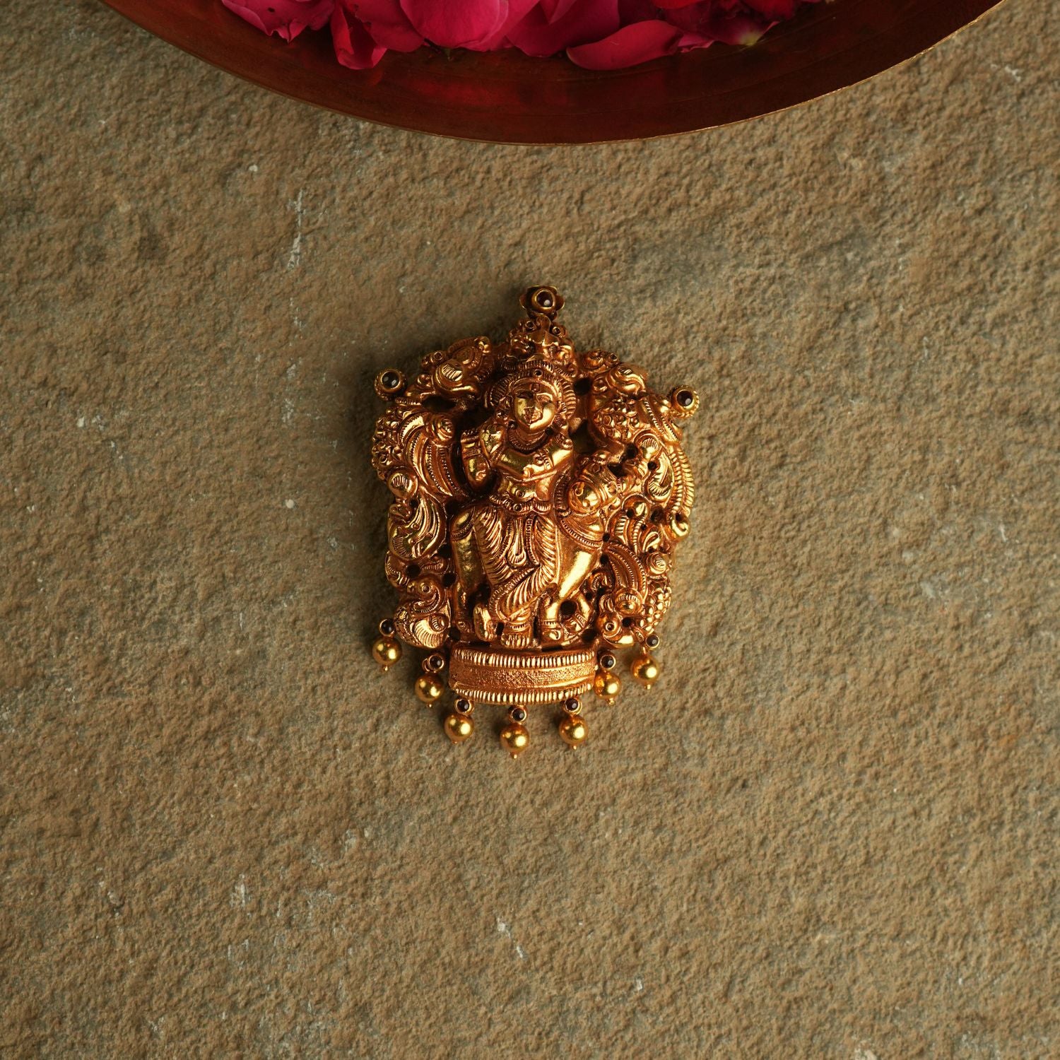 Krishna Pendant in 92.5 Silver Gold Plated with Red Spinel Stones