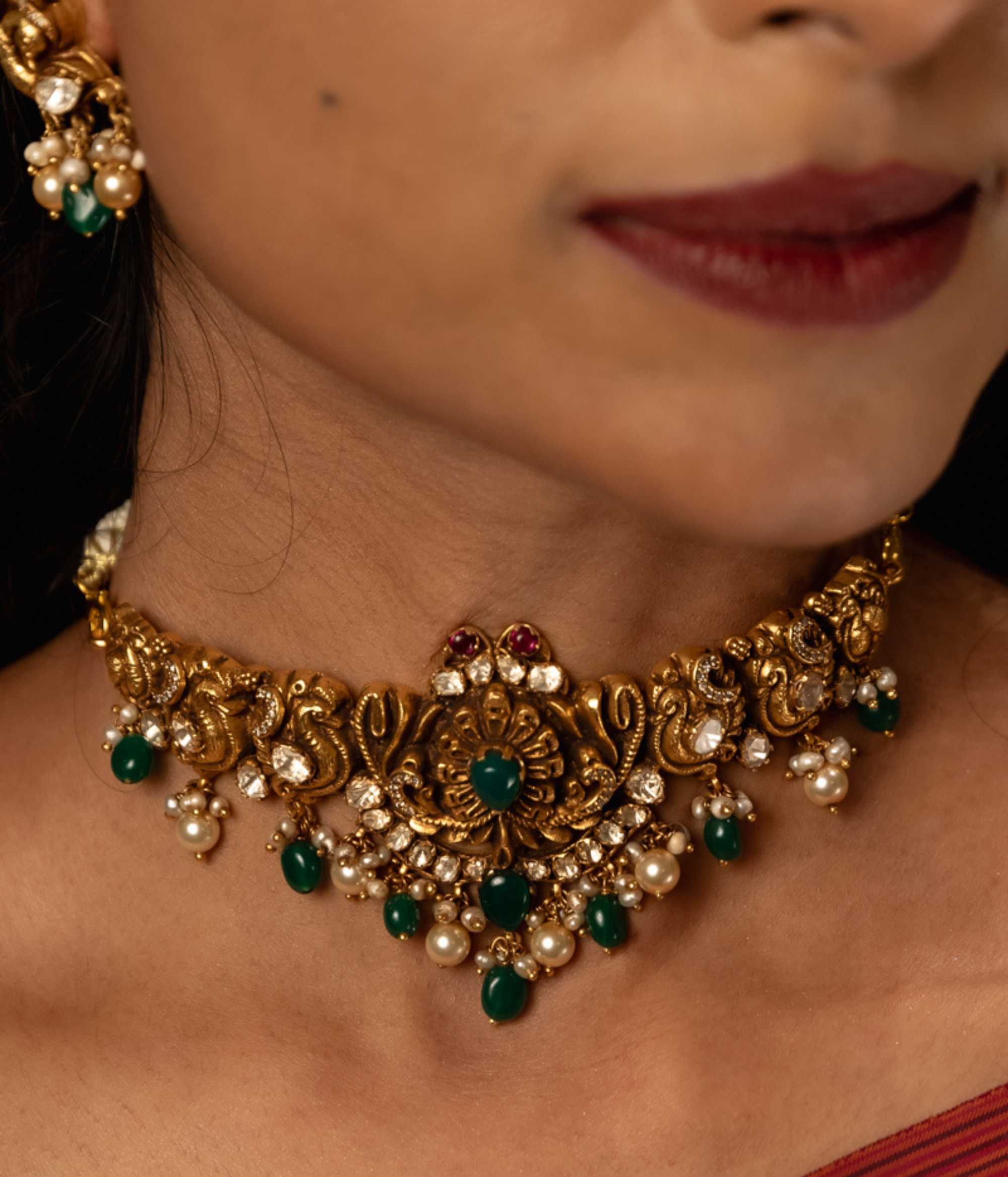 Regal Peacock Inspired Silver Choker with Red Kundan and Green Beads