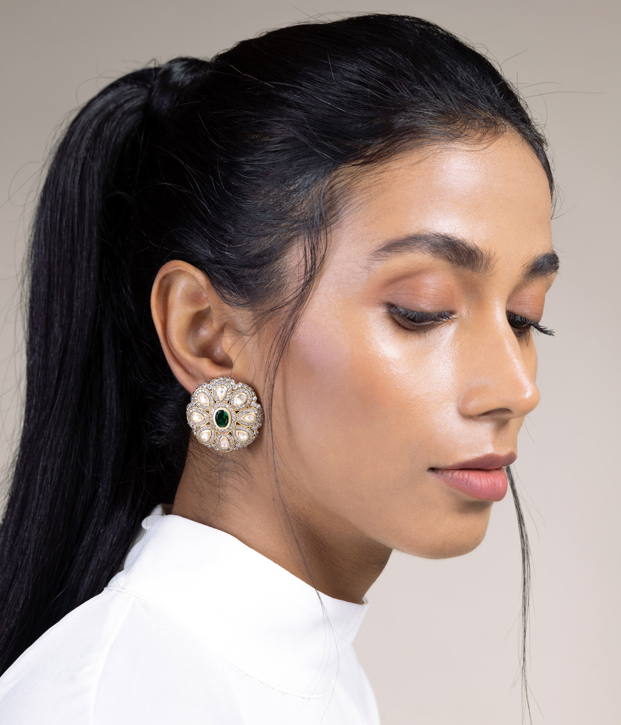 Antique gold plated Victorian earrings with Moissanite Polki and green stones