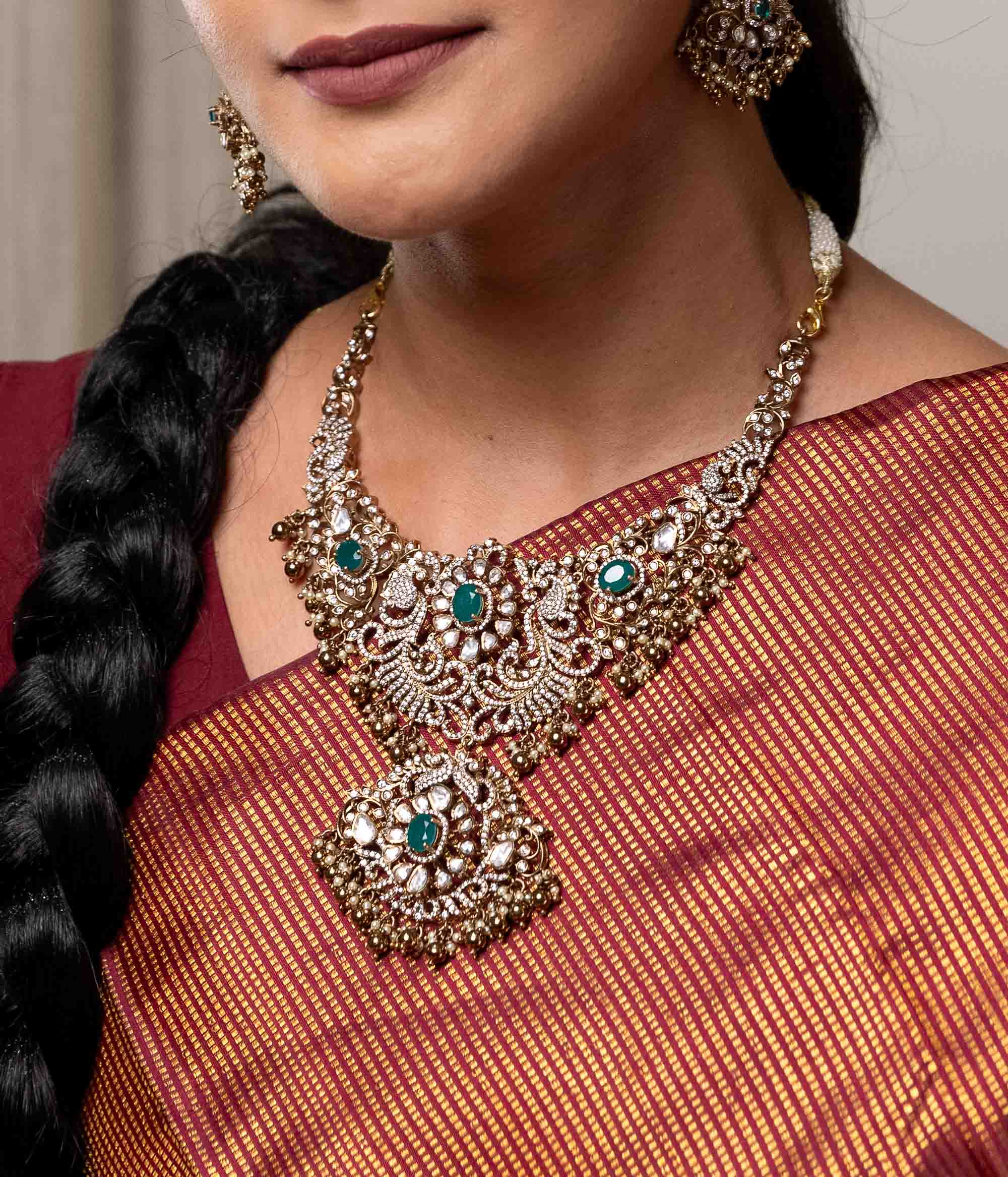 Peacock motif victorian necklace with polki stones and pearls