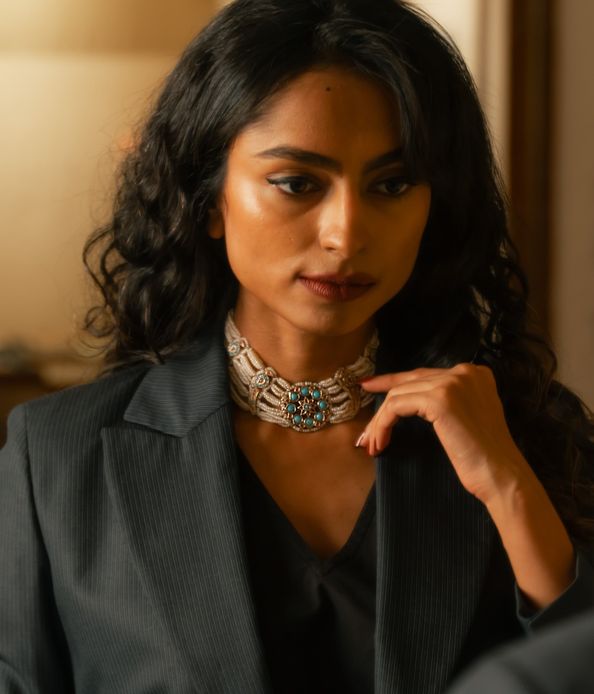 Pearl-woven choker with central turquoise floral motif, ruby accents, and elegant Leelah-style craftsmanship.