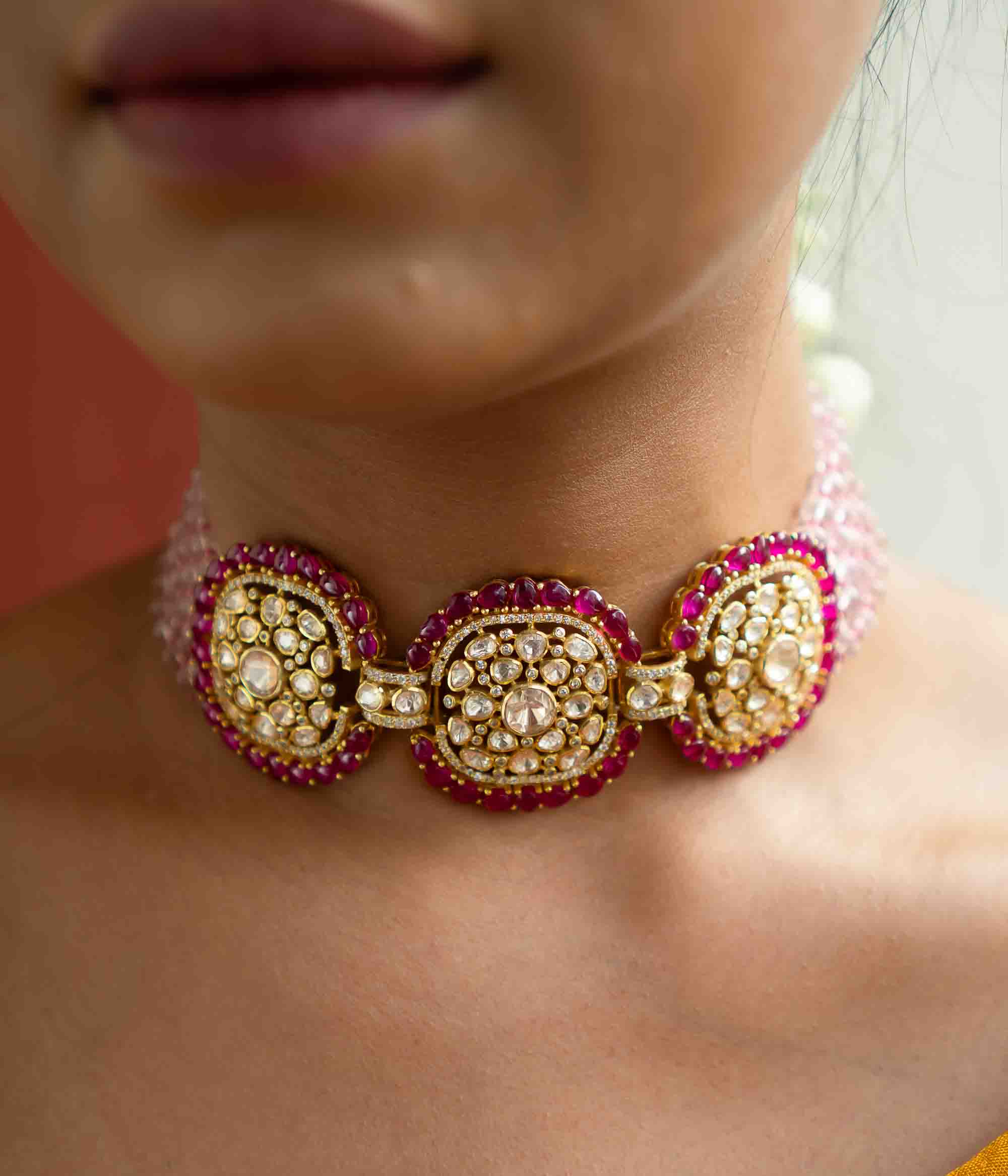 Handmade silver choker with crescent and floral motifs