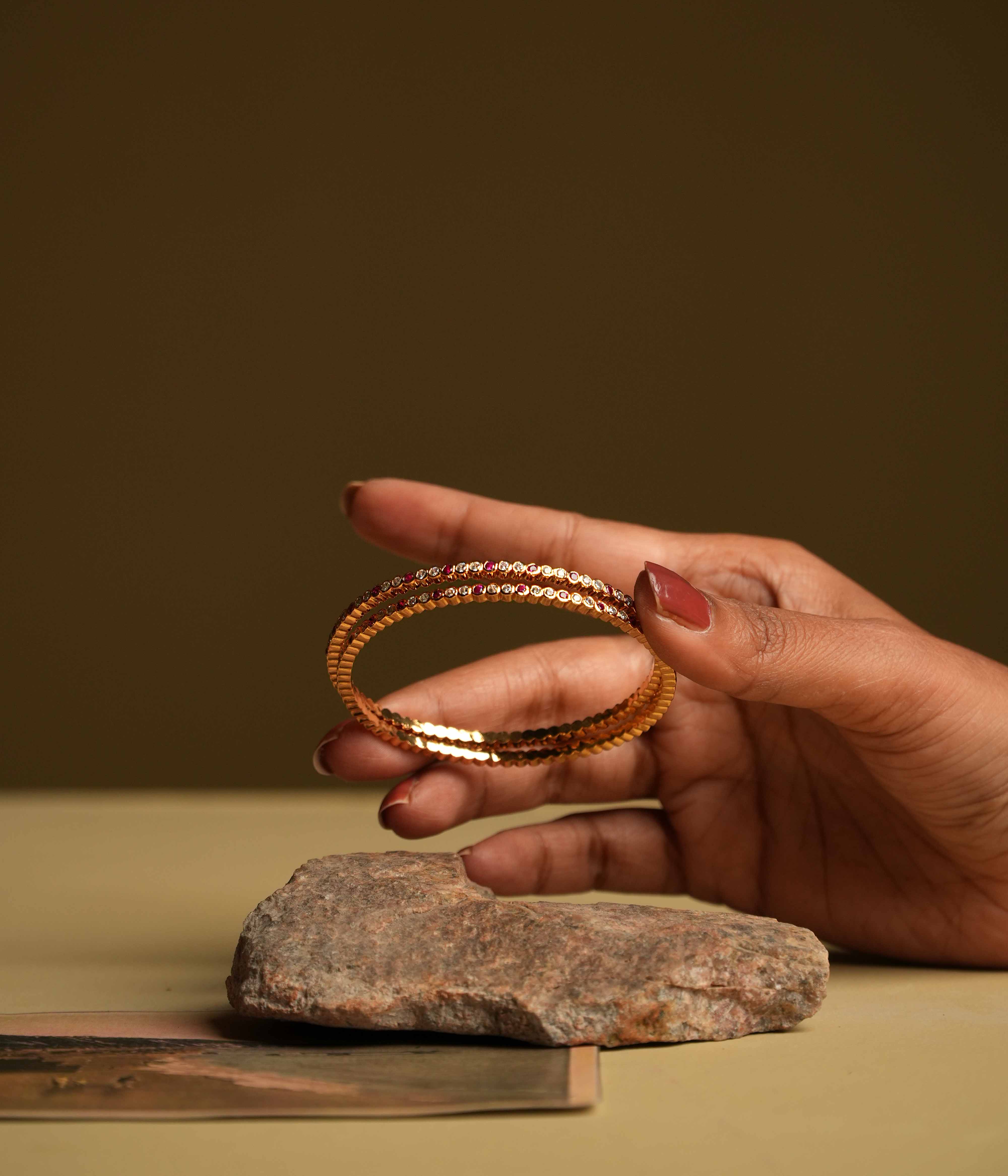 Handmade silver insert bangles with sparkling Swarovski and red stones