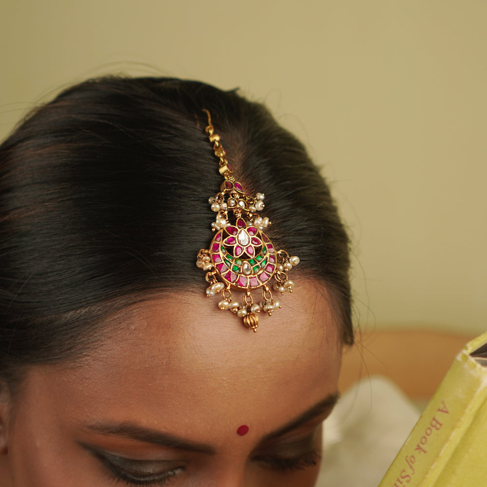 Lalika Maangtika in 92.5 Silver with red, green & white kundan stones