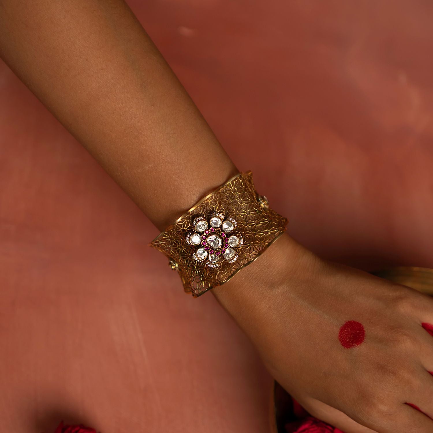 Lana Bracelet in 92.5 Sterling Silver with Moissanite Polki and Pink Topaz