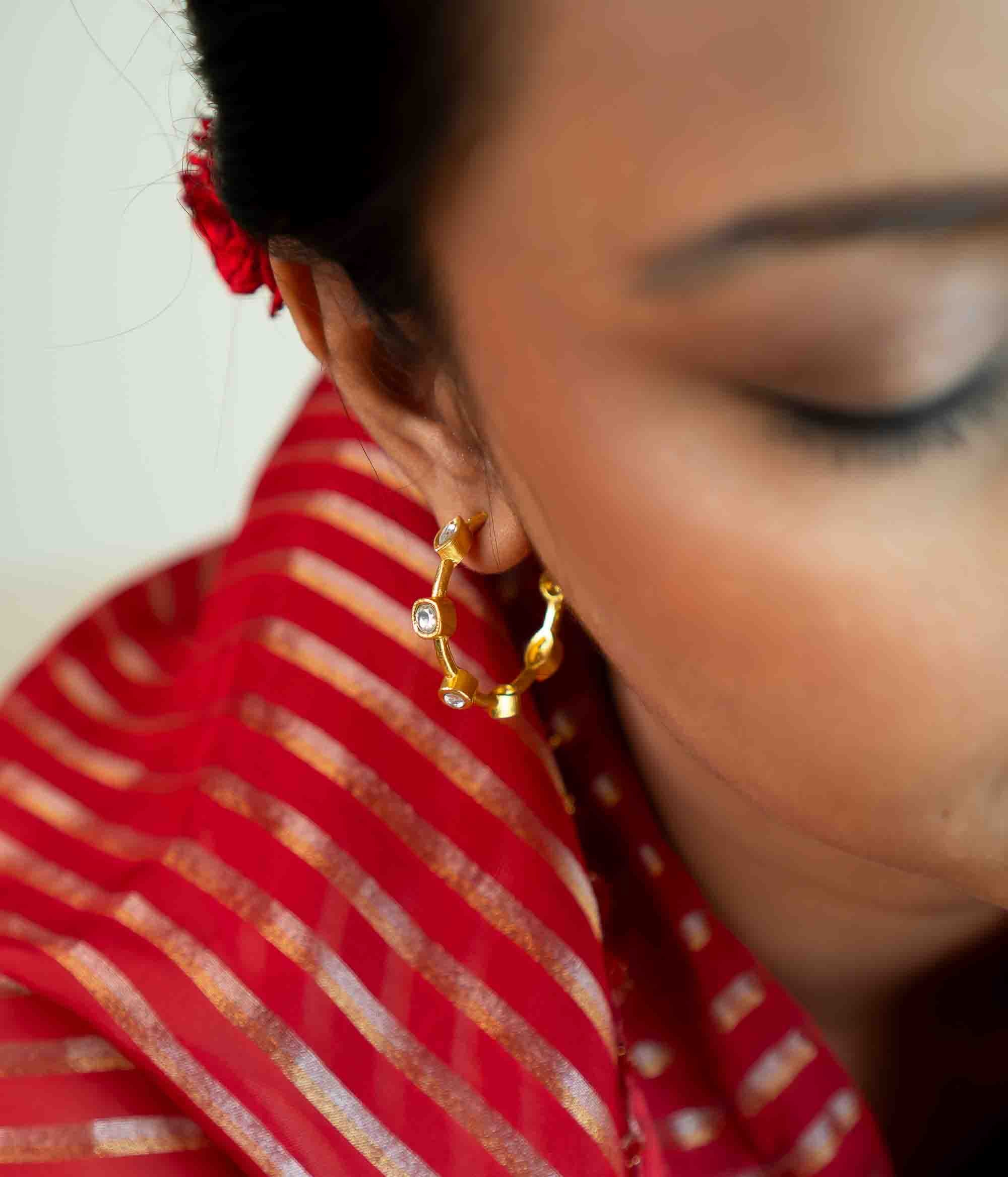 Half hoop polki earrings in gold plated silver handmade in Chennai