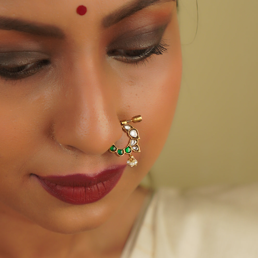 Lavali Nose Ring in 92.5 Silver with green and white kundan stones