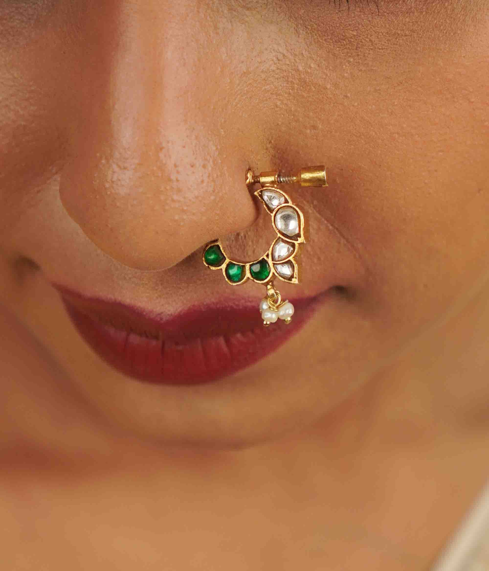 Handcrafted silver nose ring with pearls and kundan detailing