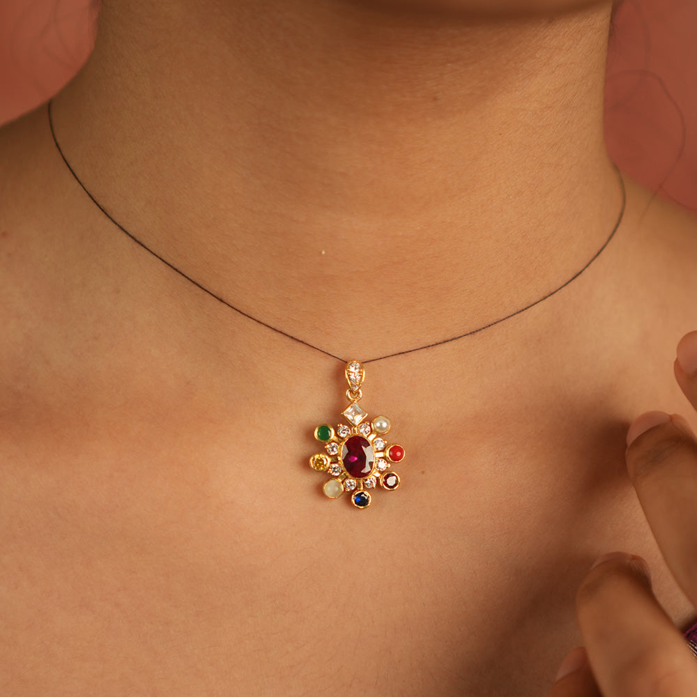 Lavanya Pendant in 92.5 Silver with Navratna, Polki and CZ stones