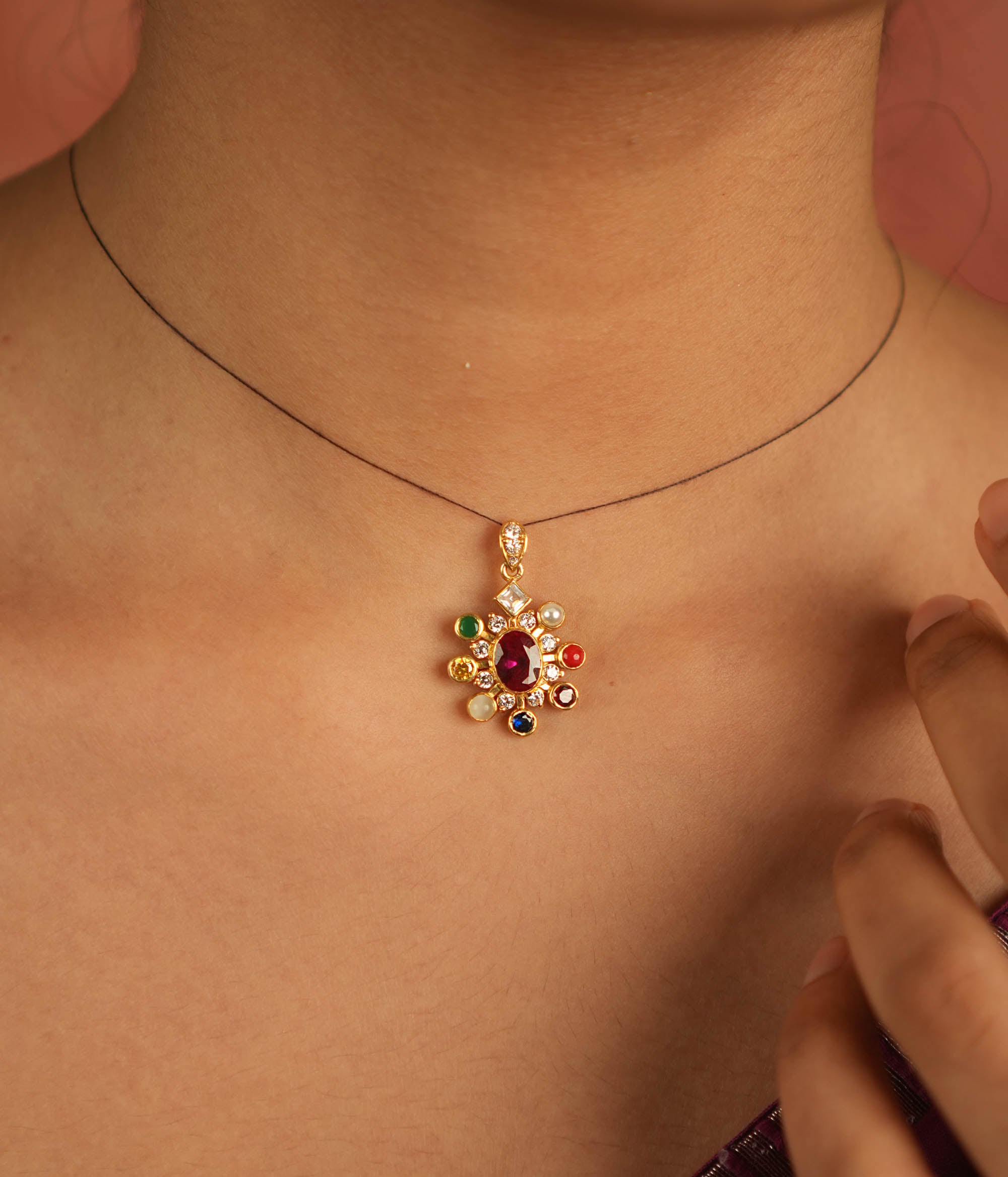 Close-up of Lavanya Pendant in sterling silver with CZ stones