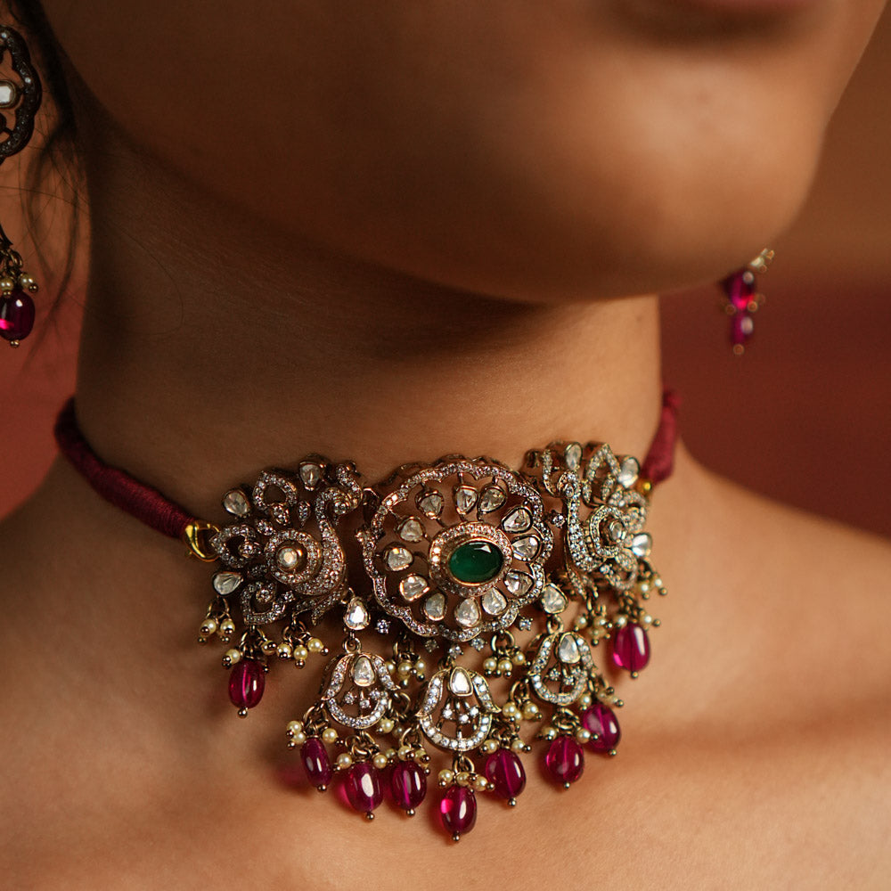 Layla Choker in 92.5 Silver with dark antique gold plating and gemstones