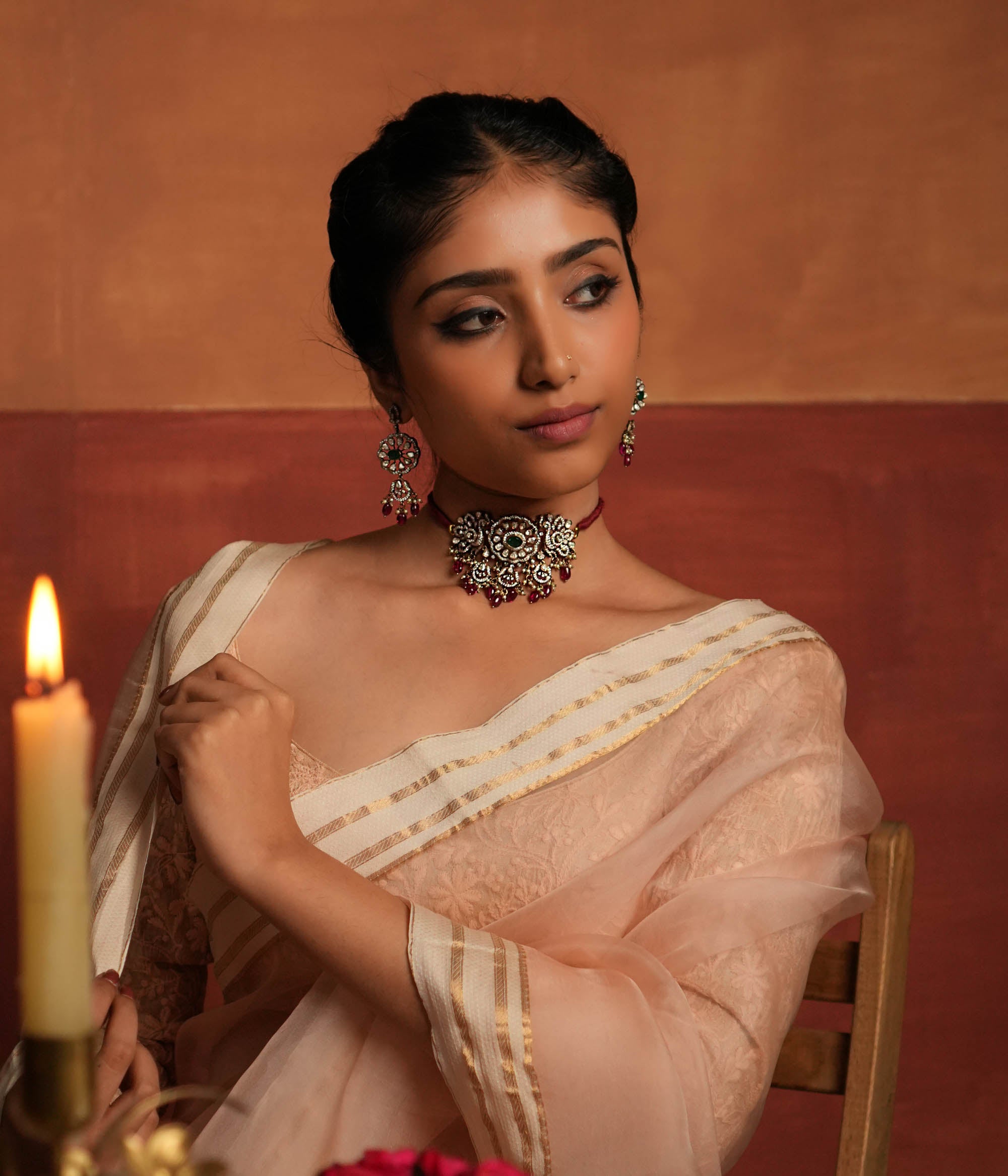 Handcrafted choker necklace with Moissanite Polki stones, pearls, red beads