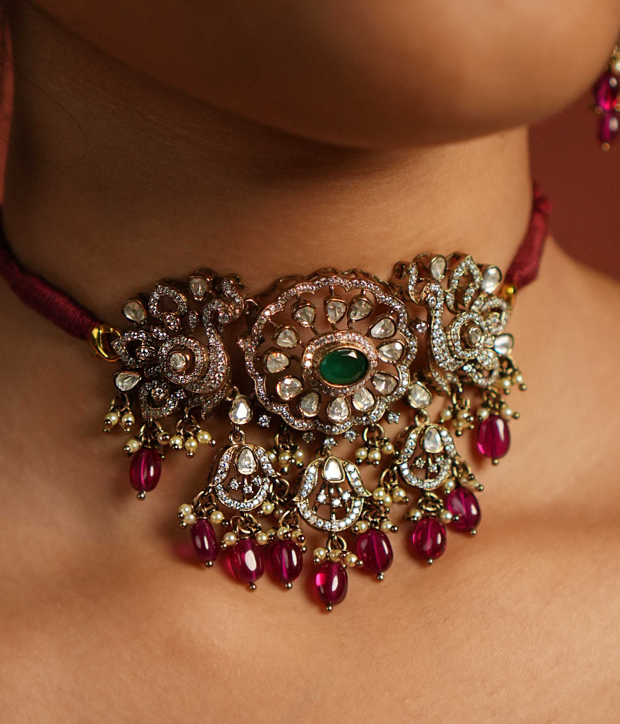Close-up of Layla Choker with green gemstones, polki, CZ stones