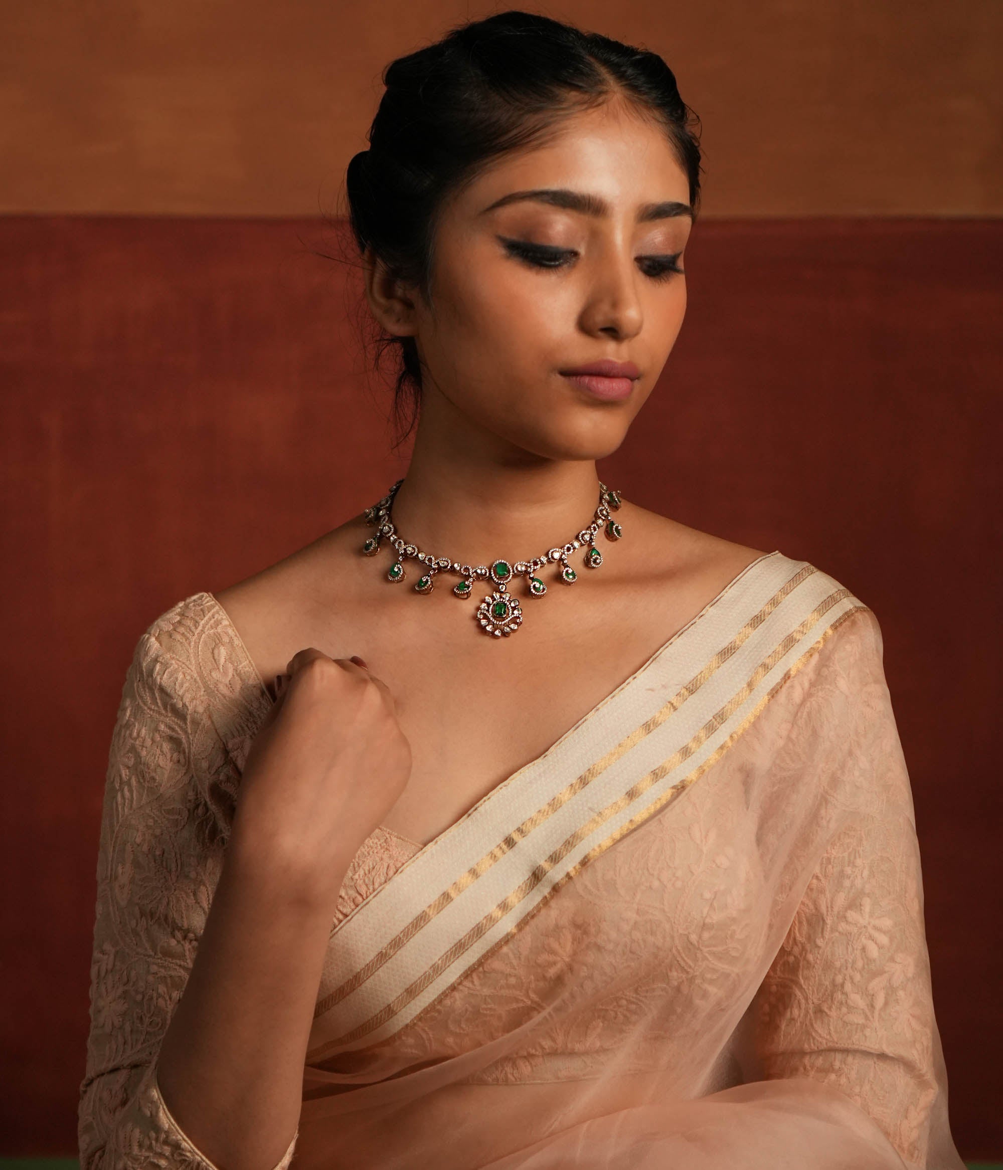 Antique gold plated Leah choker with Polki and Green Stones