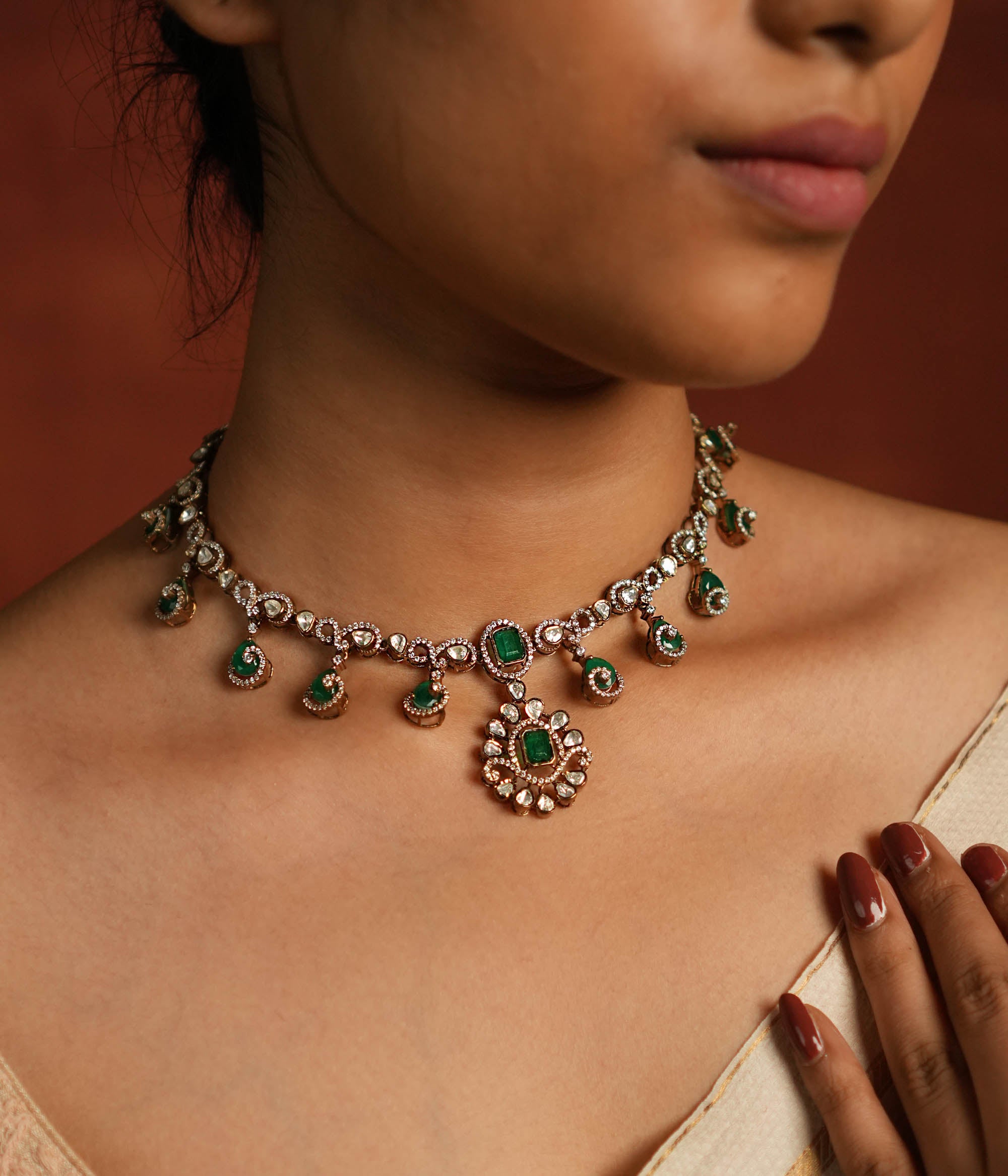 DivasMantra Leah Necklace in silver with CZ and Polki stones