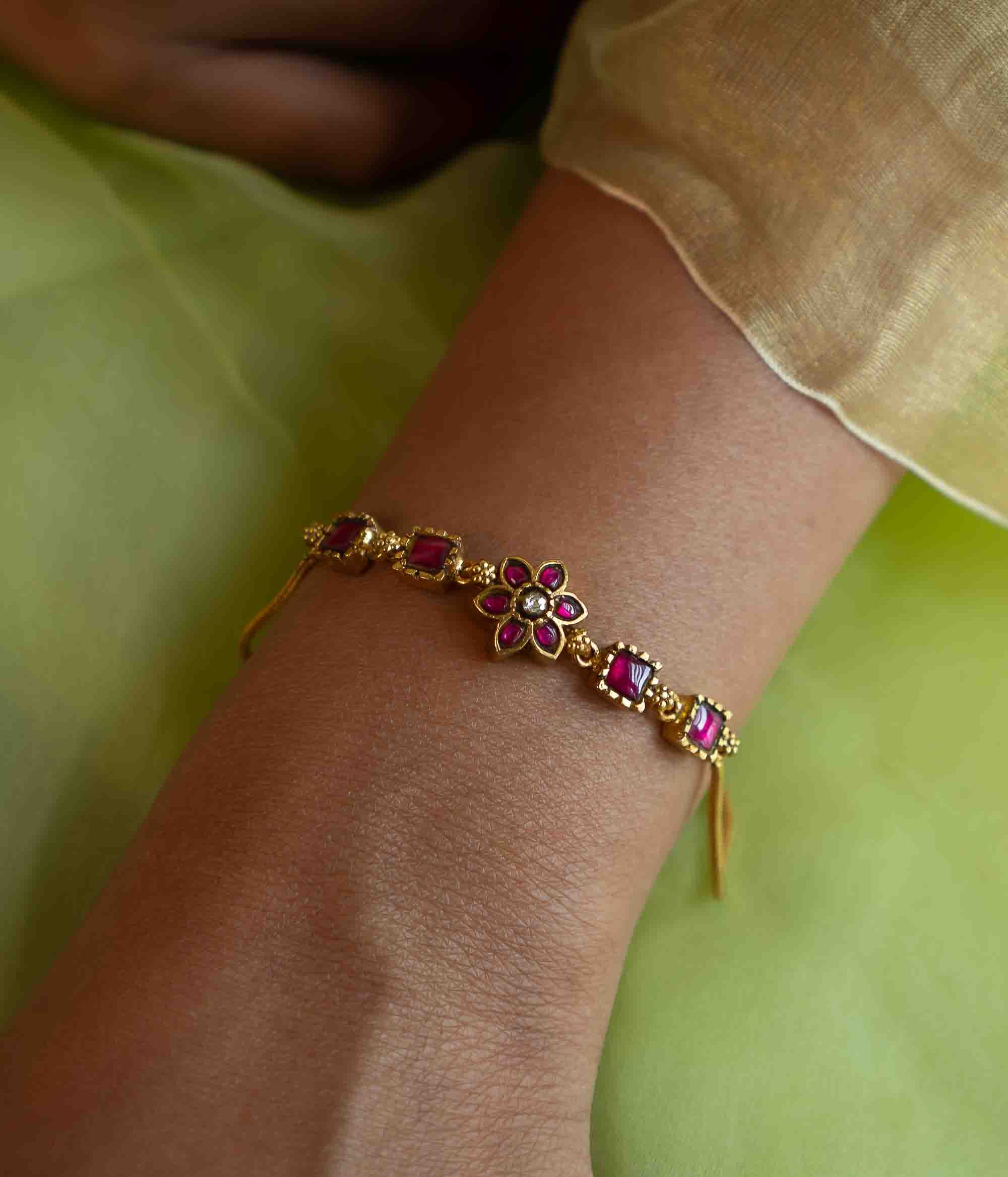 Handmade floral bracelet with Red and White Kundan Stones