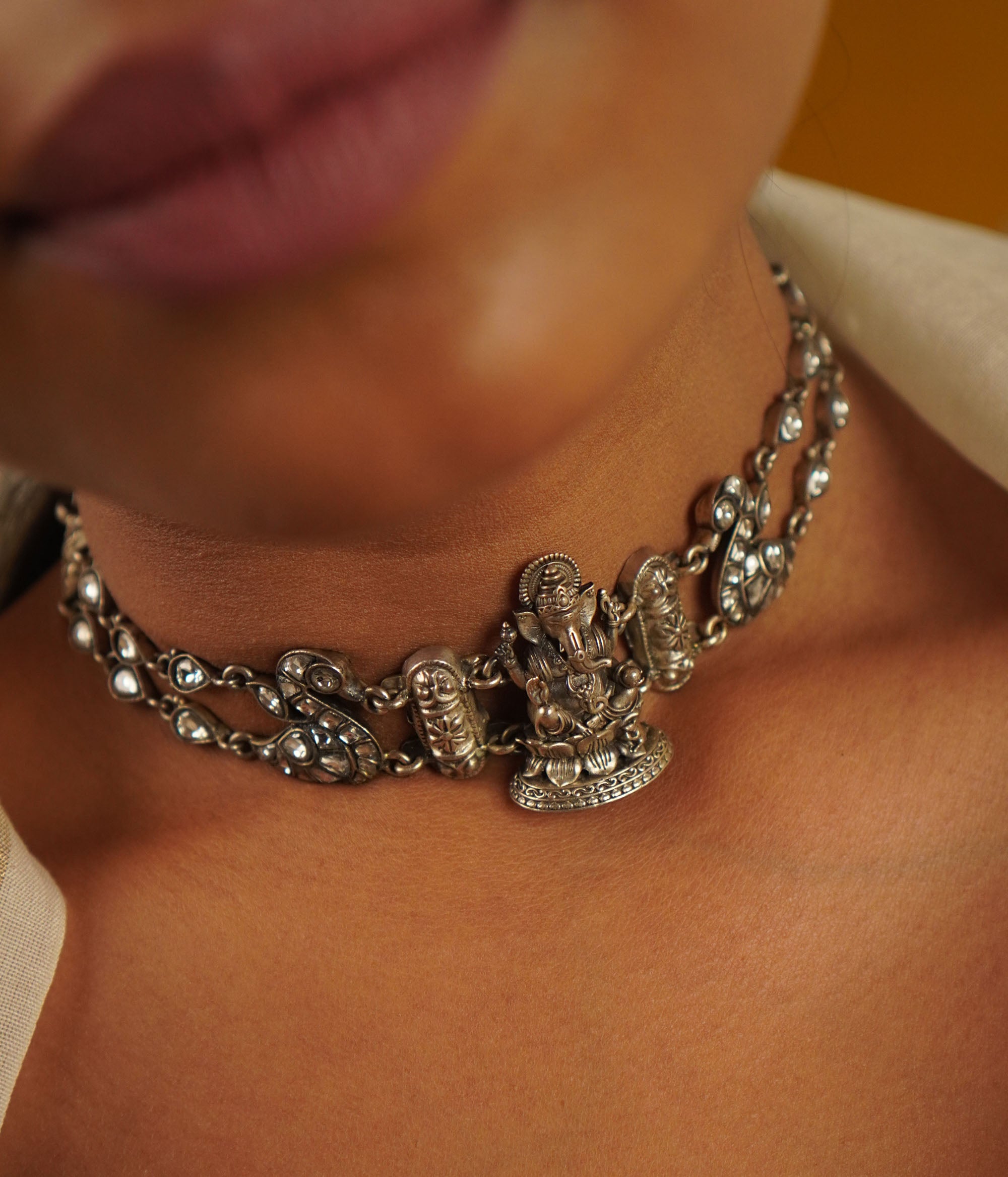 Handmade silver choker necklace with deity heart motif