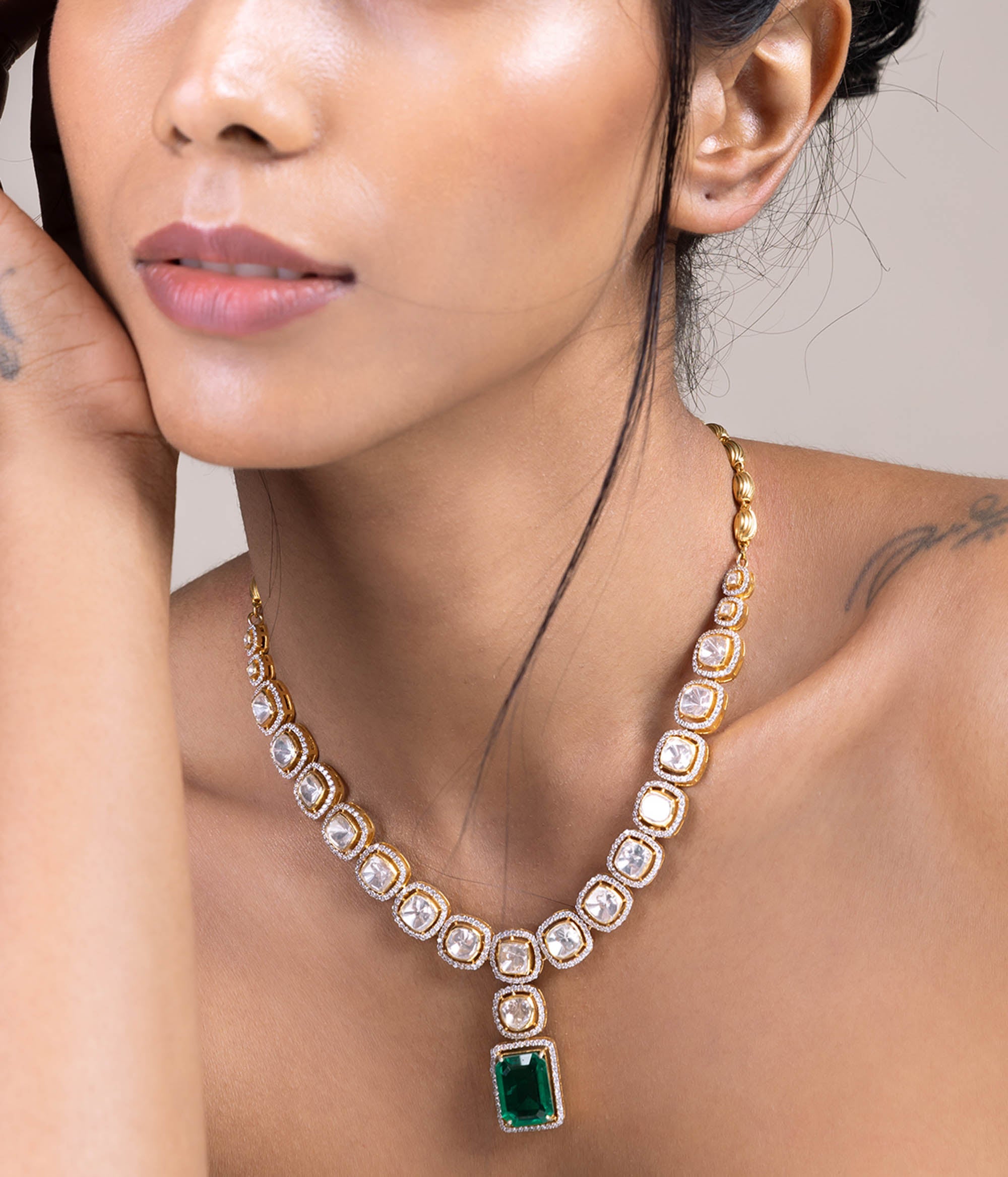Handmade silver Polki necklace with CZ and green cut stones Chennai