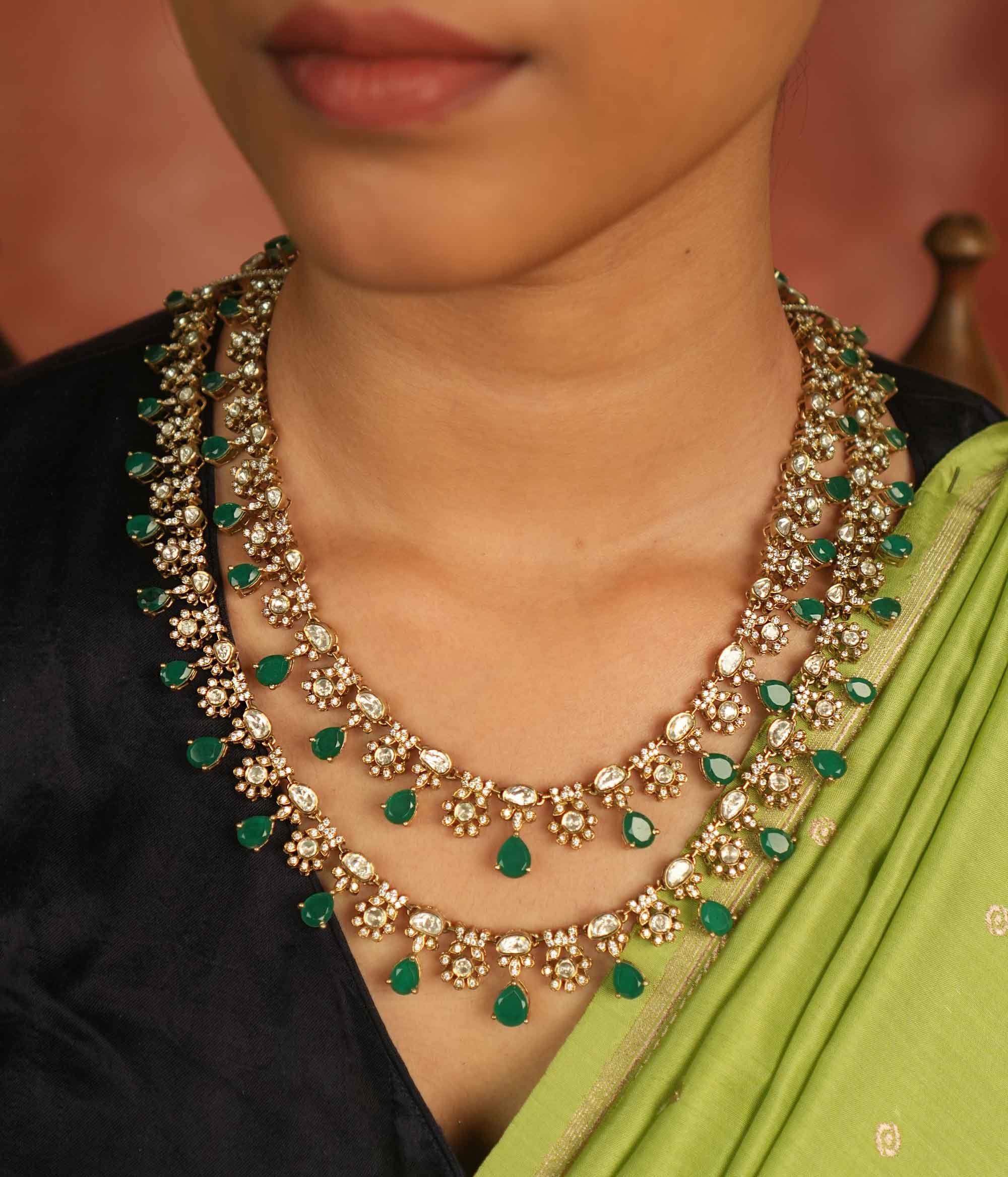 Antique gold plated silver necklace with Moissanite Polki stones