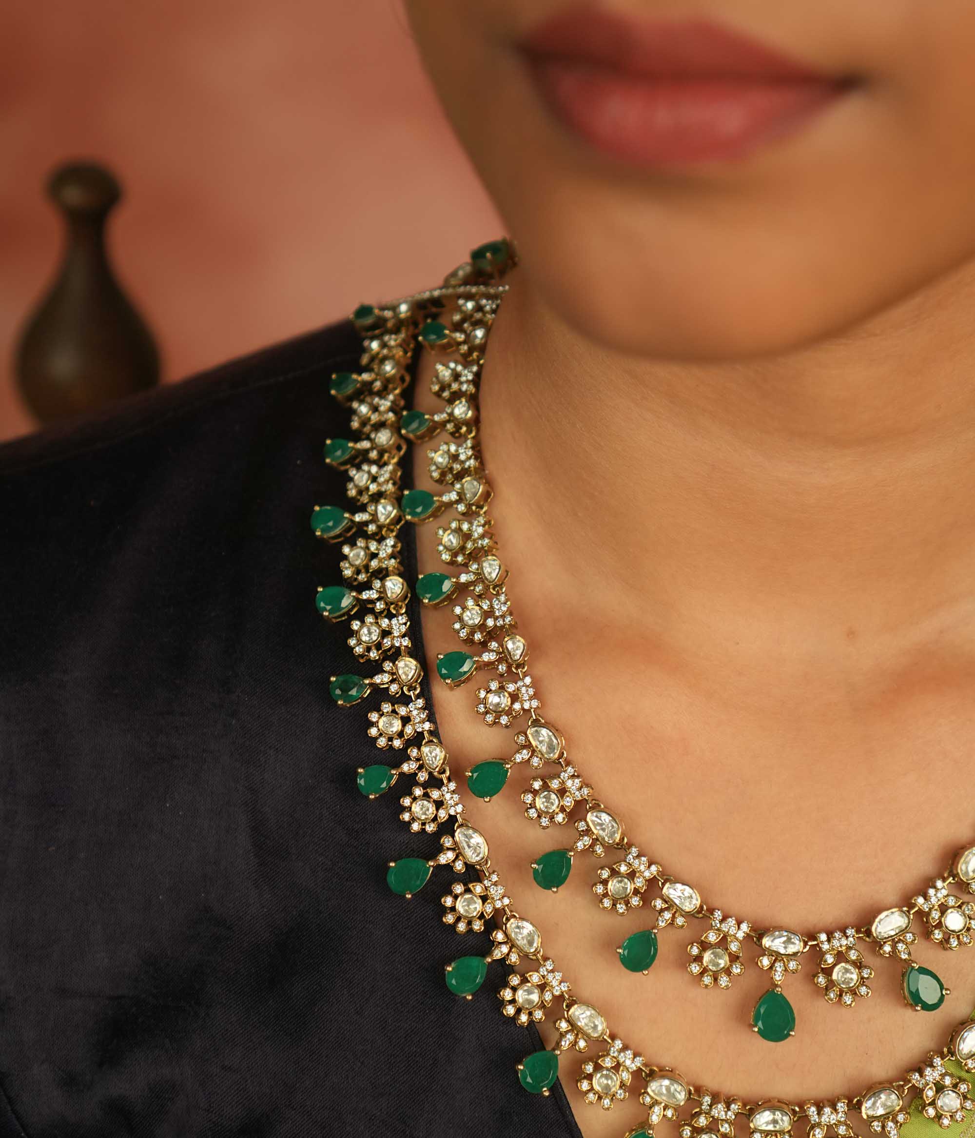 Handmade Lolita Necklace with green gemstone and antique finish