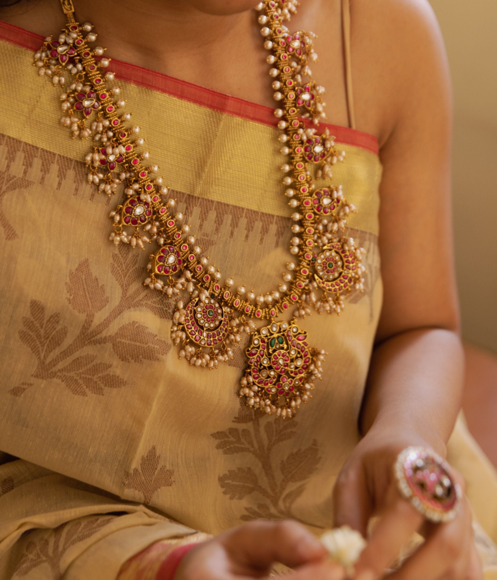 Silver necklace with red green white Kundan stones and pearls Chennai