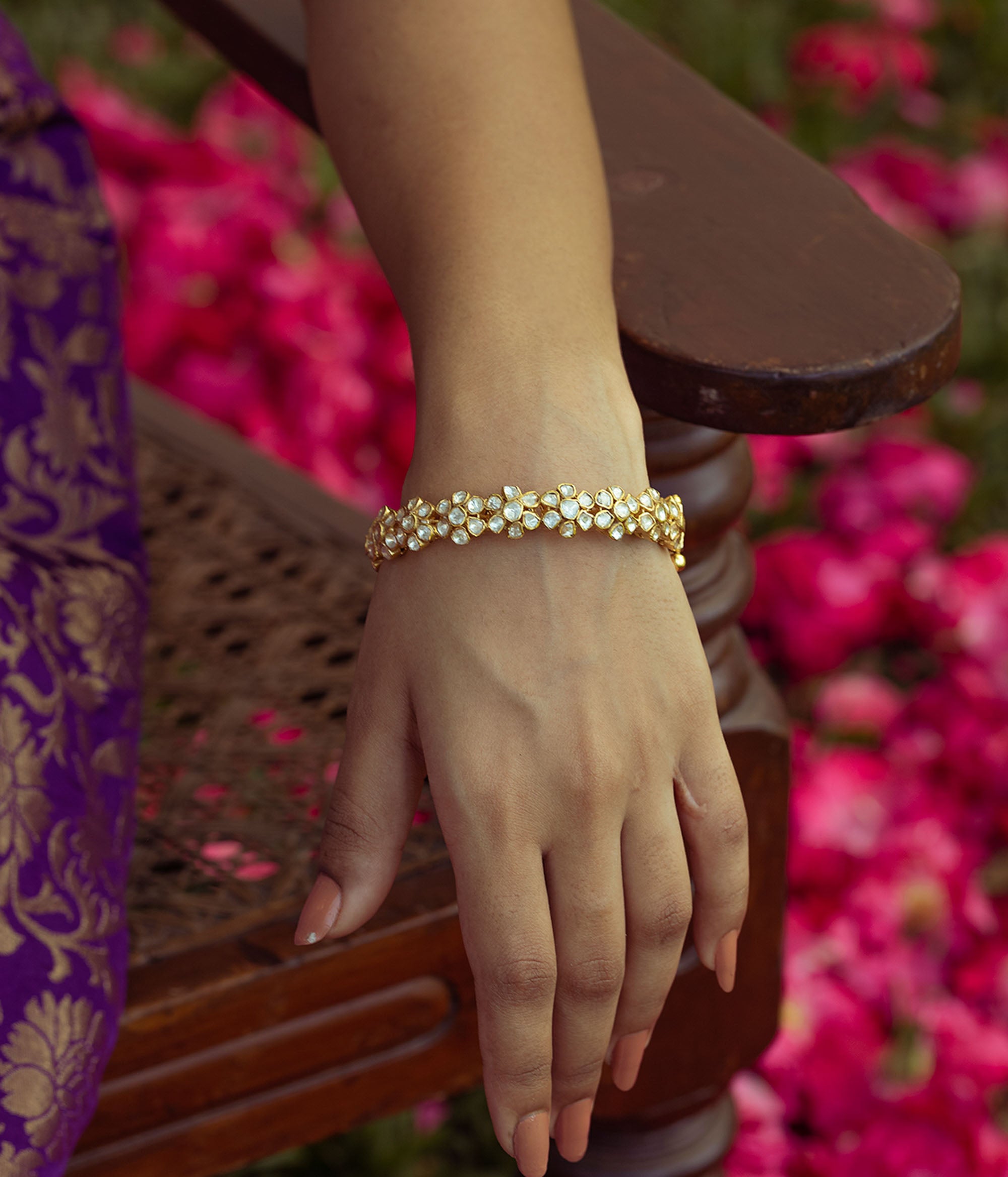 Elegant flower motif bangle with Moissanite Polki stones