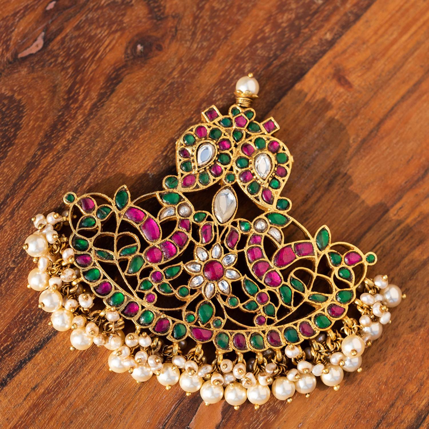 Maanya Pendant in 92.5 Silver with Red Green and White Kundan Stones