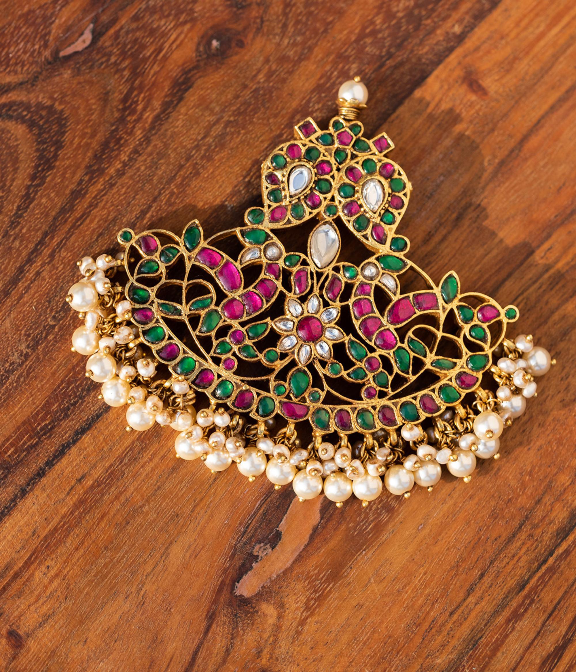 Handmade silver pendant with double hook and Kundan stones