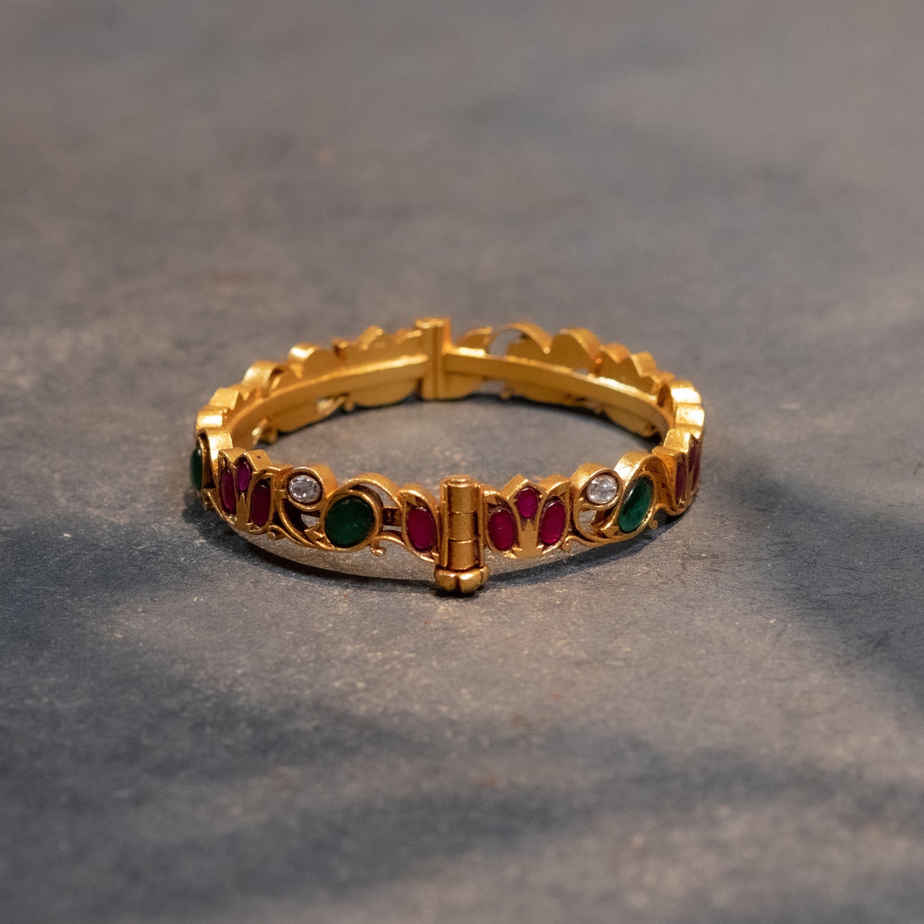 Maati Kada in 92.5 Silver and 22ct Gold Plated with Red and White Kundan Stones