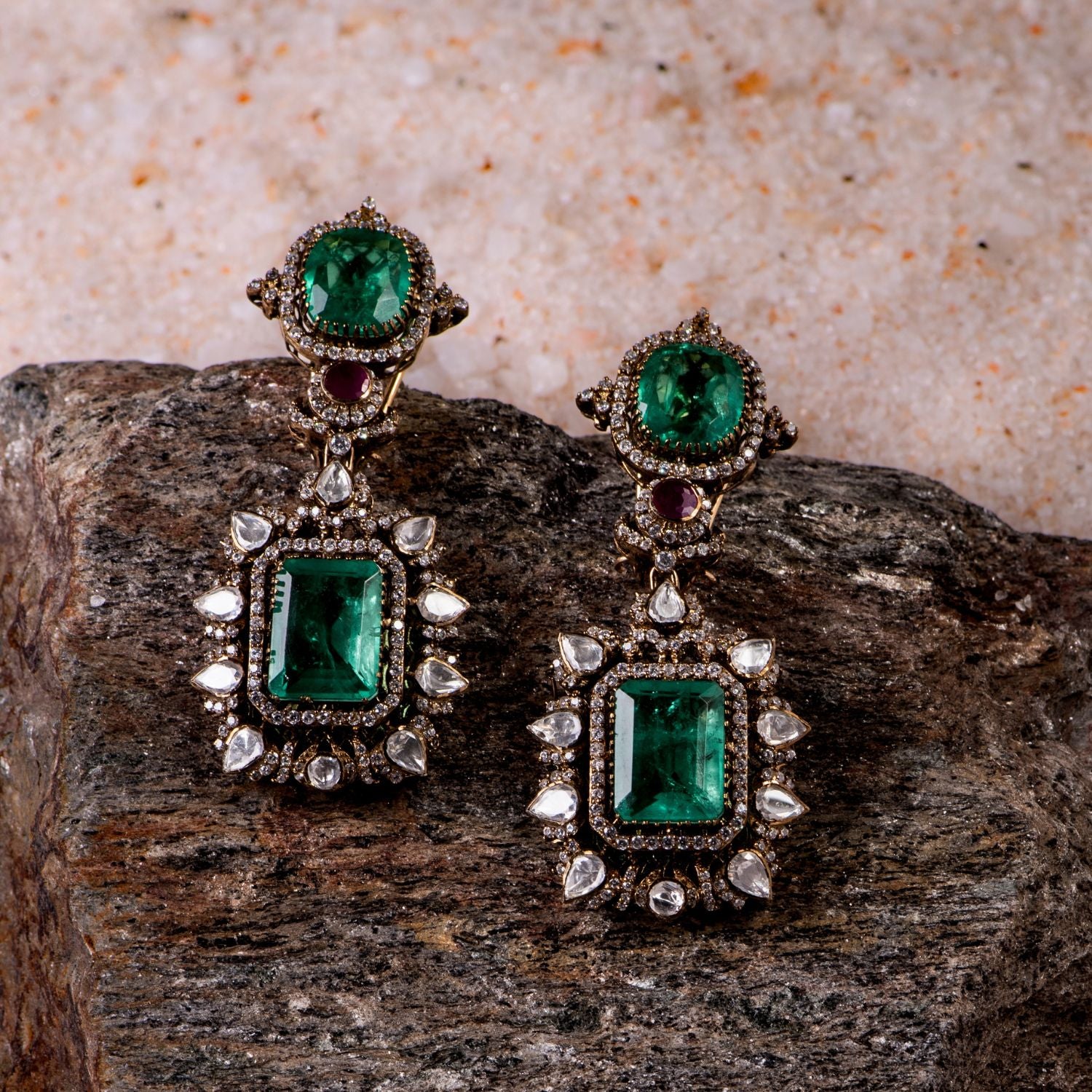 Mabel Earrings in 92.5 Silver with Moissanite Polki and Gemstones