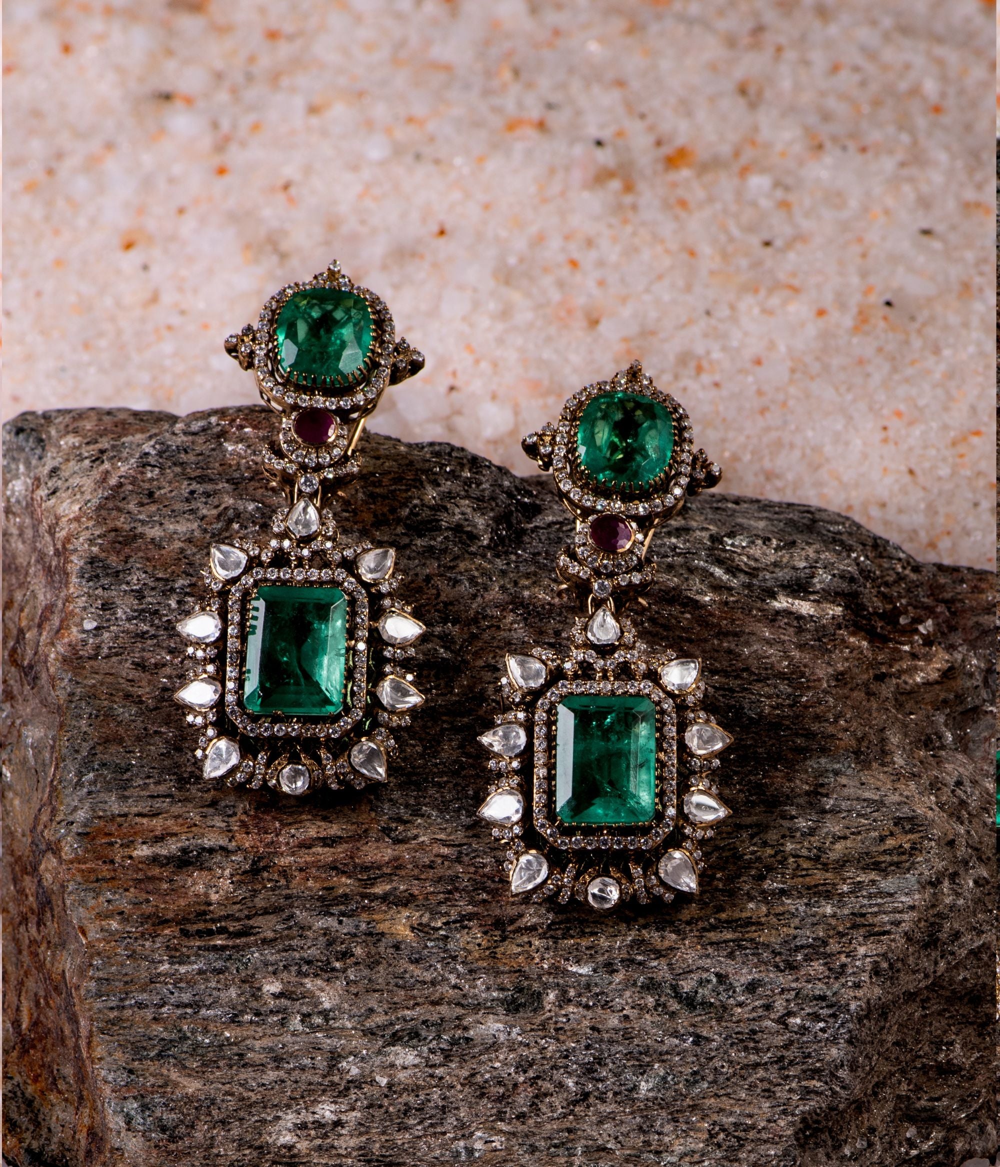 Handmade silver earrings with green tourmaline red gem and CZ stones