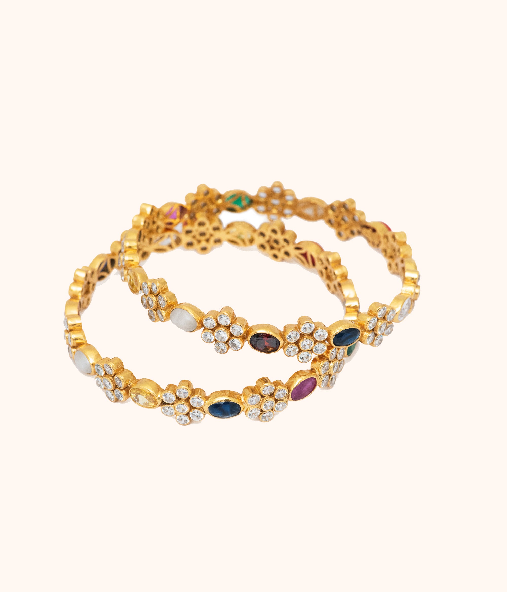 Handmade Insert Type Silver Bangles with Navratna Stones