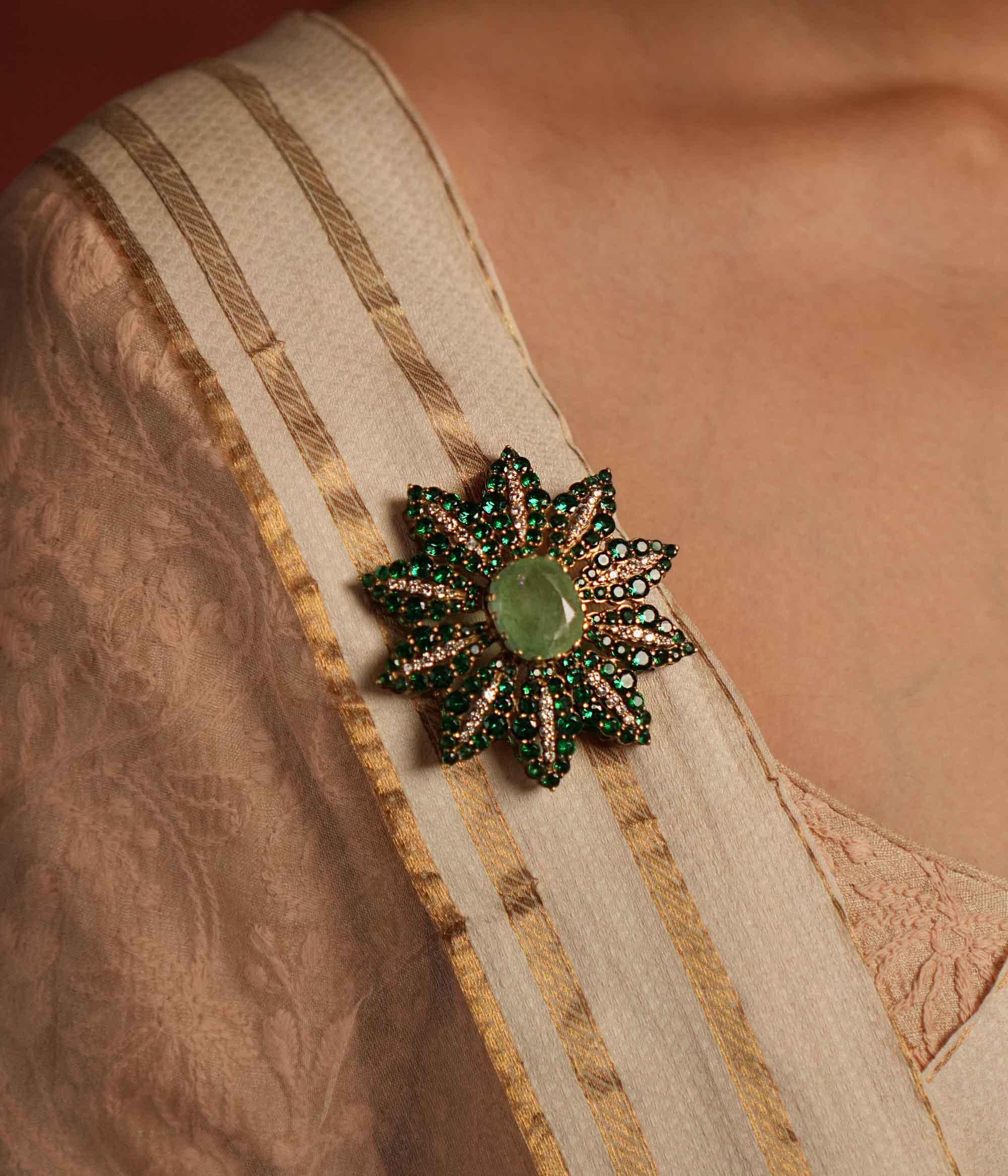 Elegant Green Gemstone and CZ Stone Silver Brooch Chennai