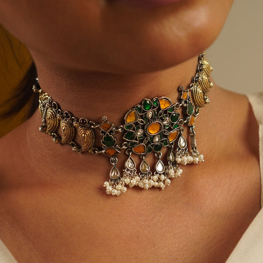 Madhura Oxidised Silver Choker with Kundan and Pearls