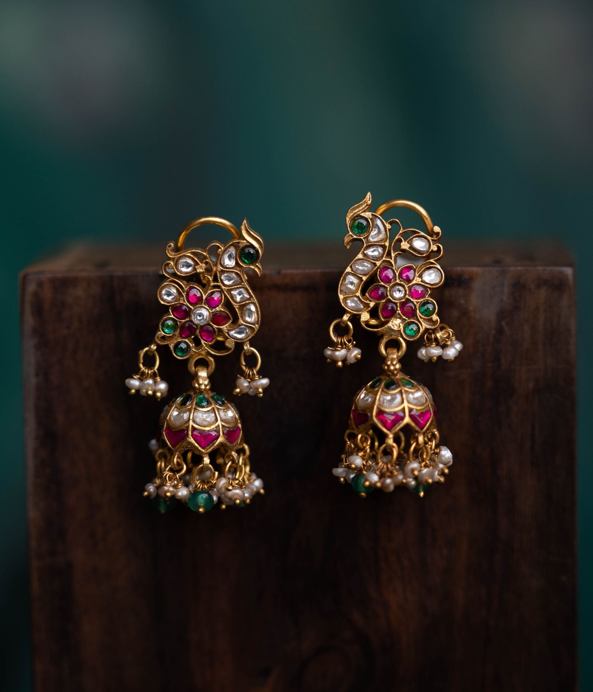 Handmade 92.5 Silver Jhumkas with Red White and Green Kundan Stones
