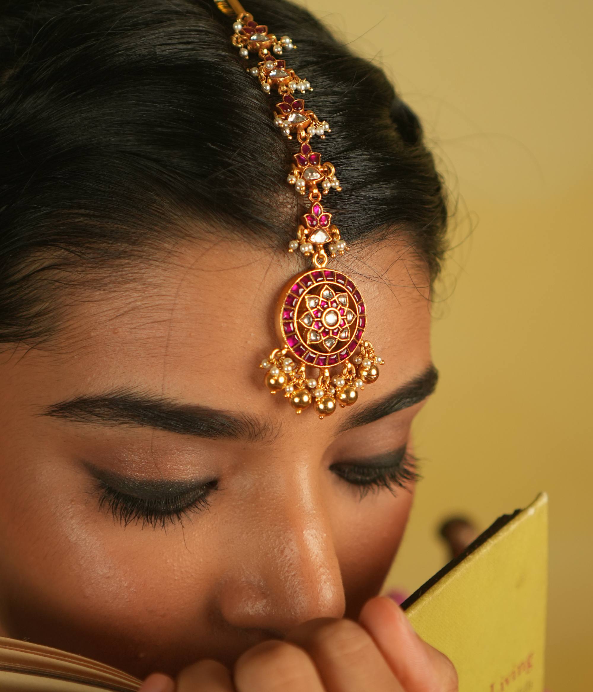 Handmade 92.5 Silver Gold Plated Kundan Tikka with Pearls