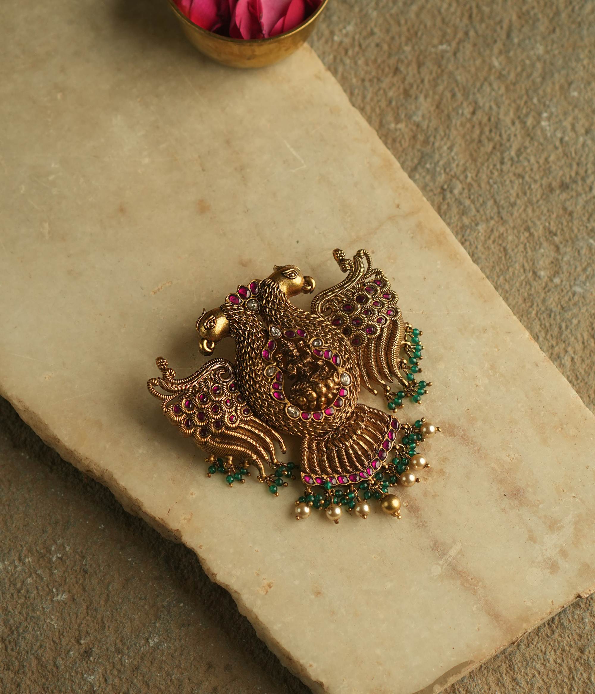 Traditional Red and White Kundan Pendant in Sterling Silver