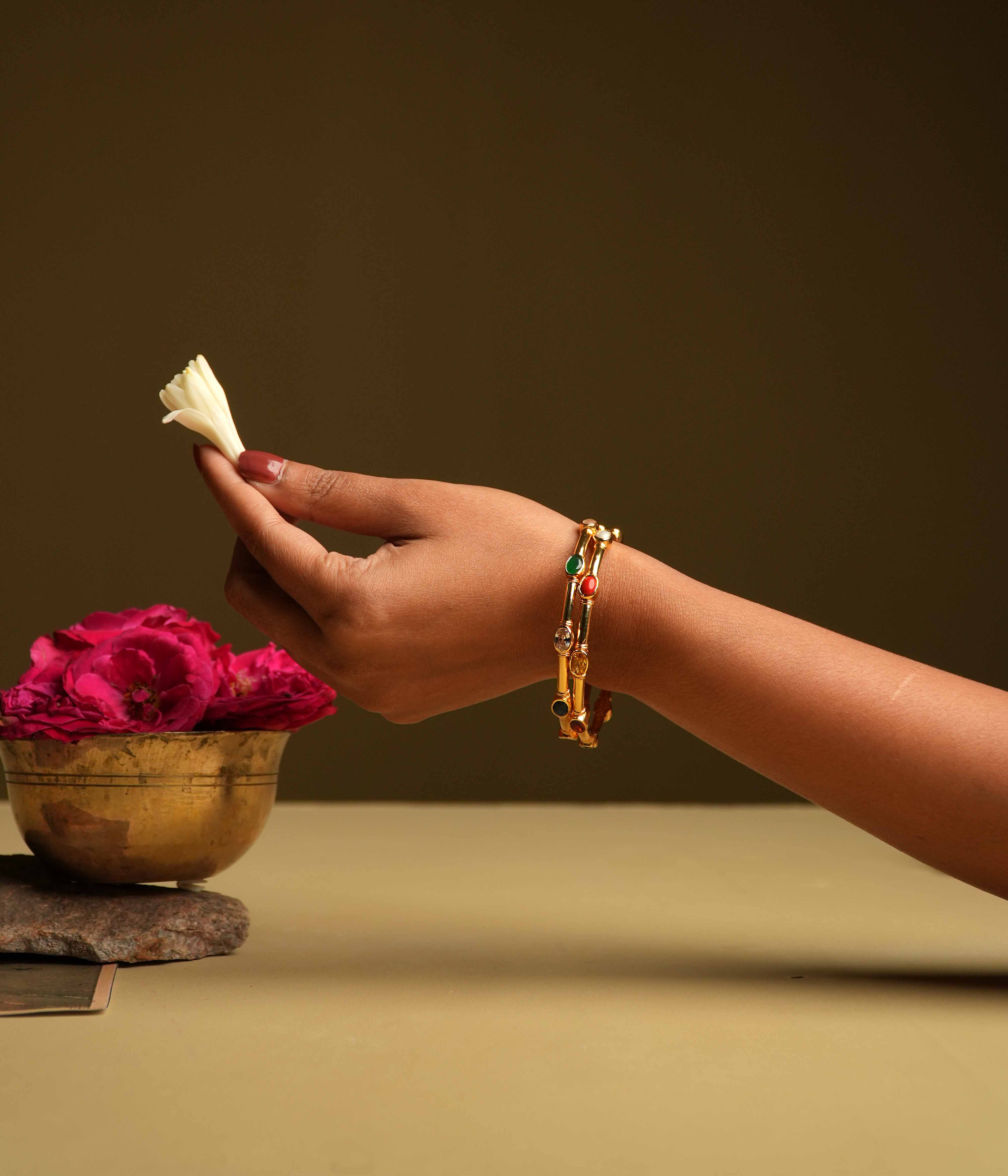 Traditional Silver Bangles with Navratna Stones DivasMantra