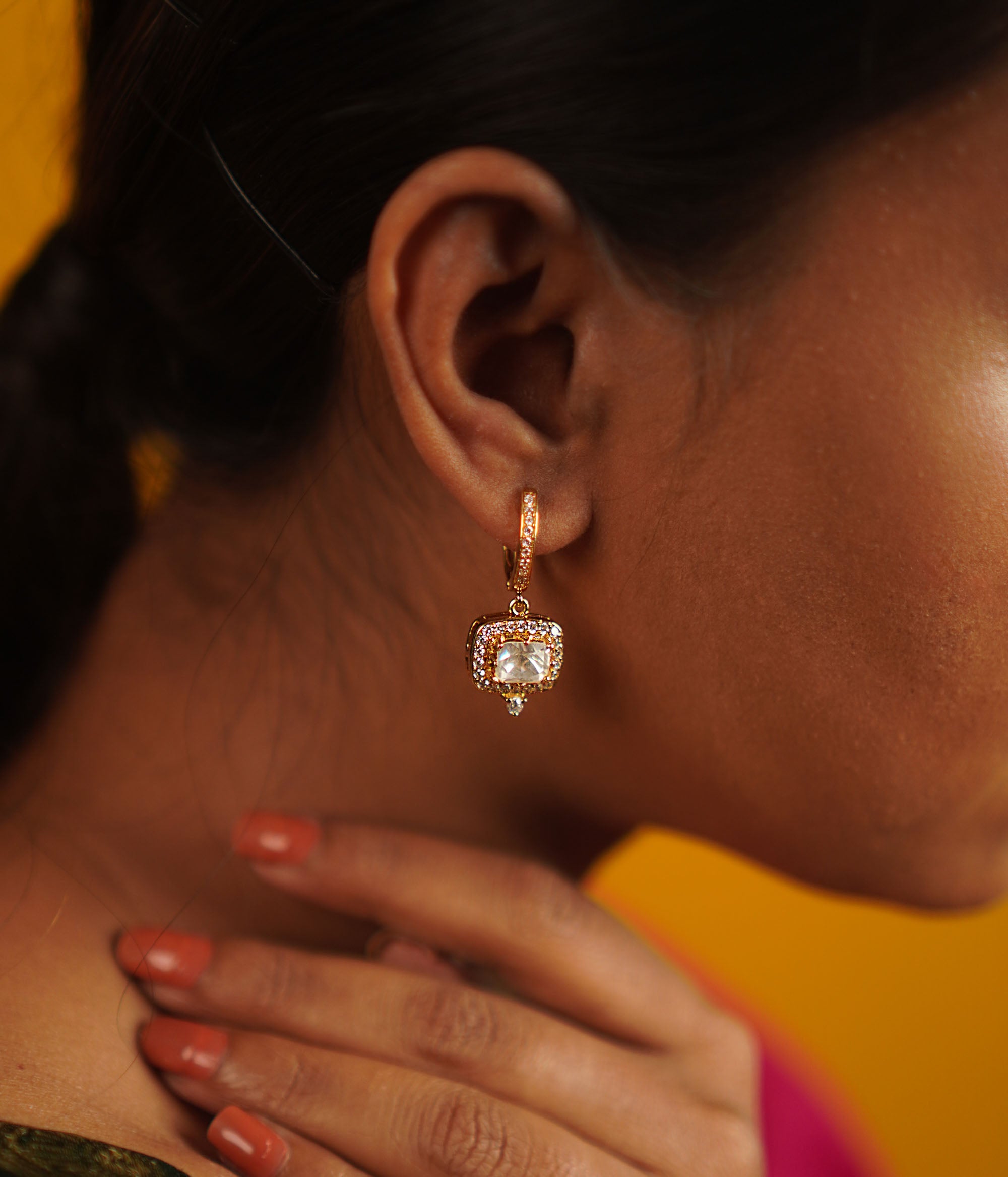 Minimalist Stud Earrings with Polki and CZ Stones Victorian Finish