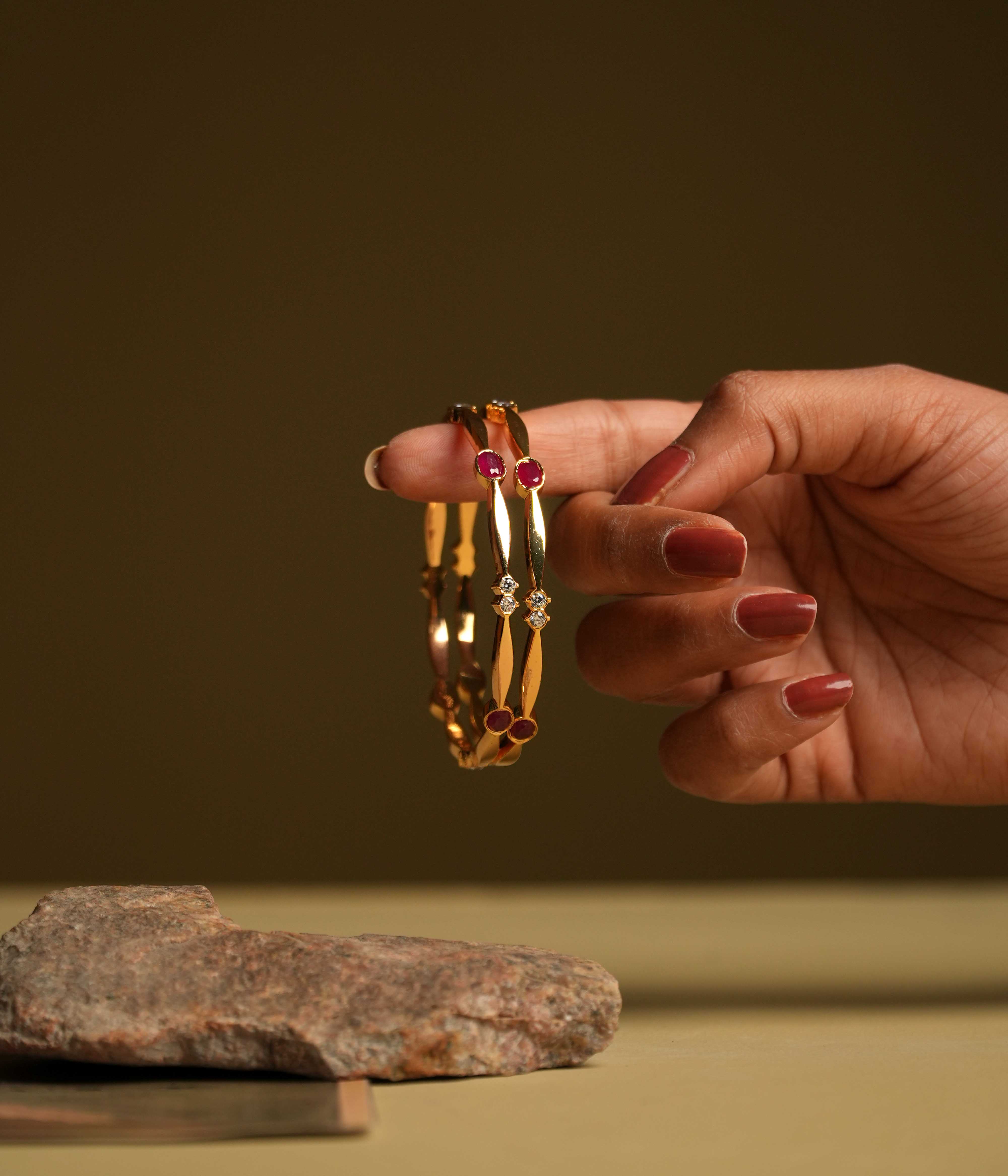 Traditional Silver Bangles with White and Red Stones DivasMantra