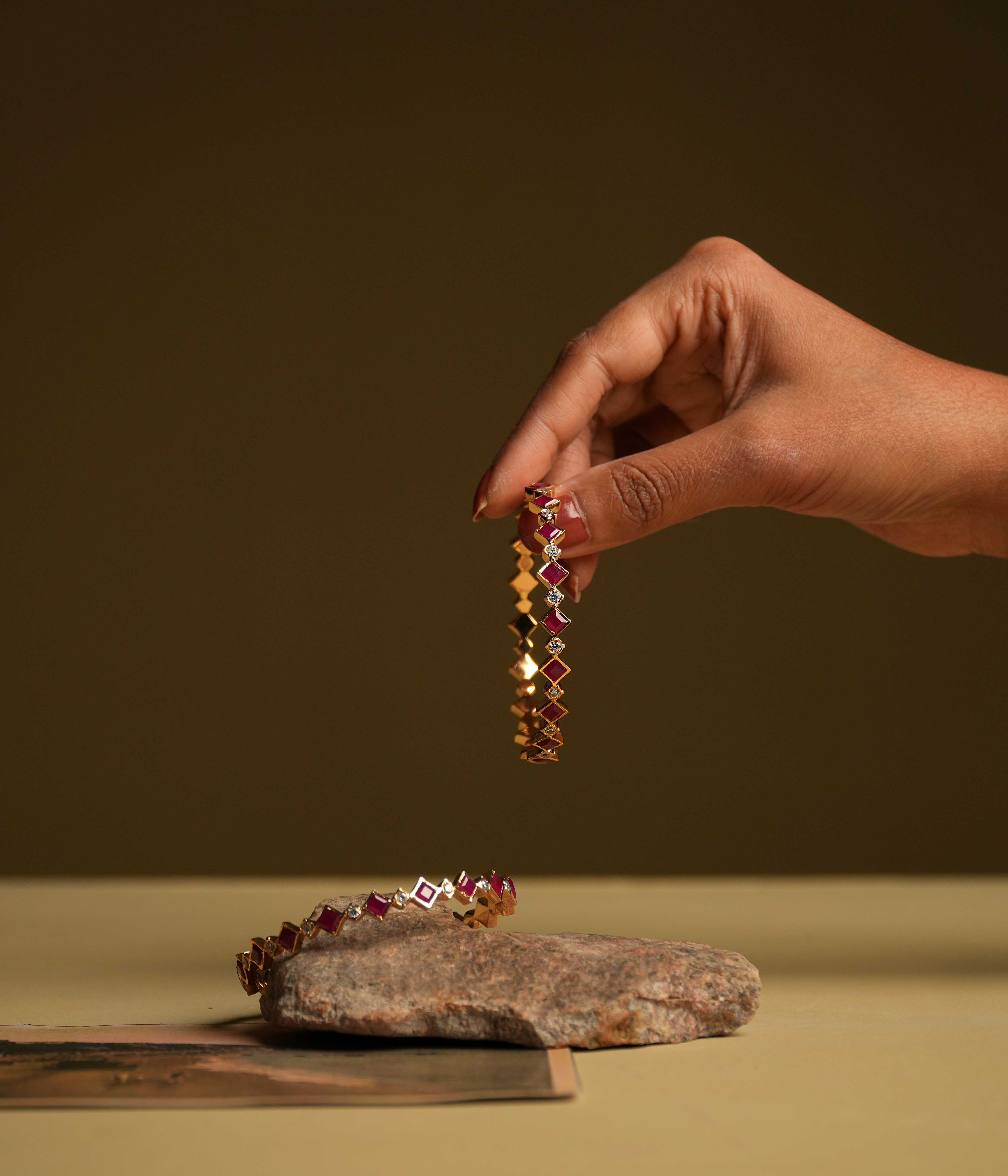 Handmade 92.5 Silver Insert Type Bangles with White Red Stones