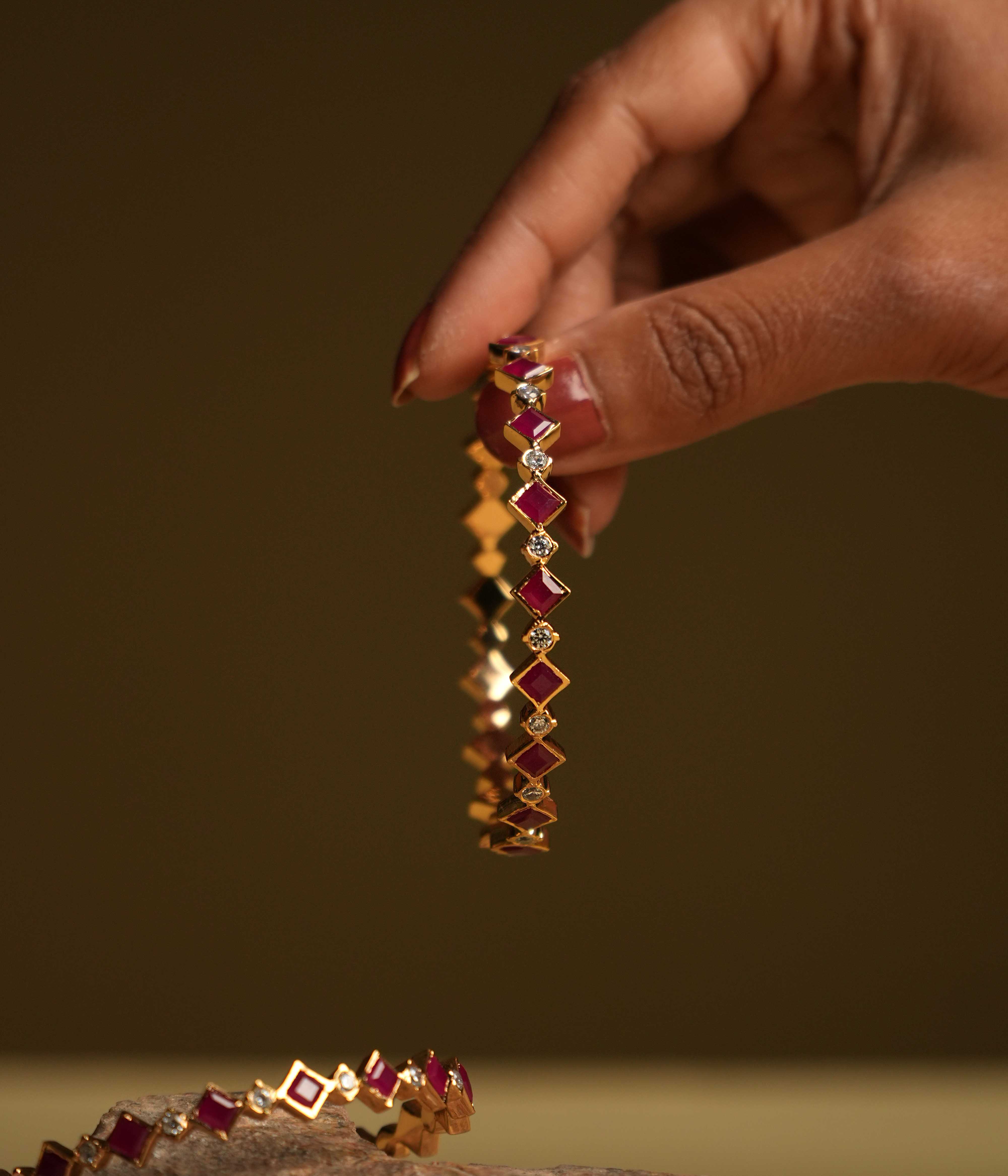 Traditional Silver Bangles with White and Red Stones DivasMantra