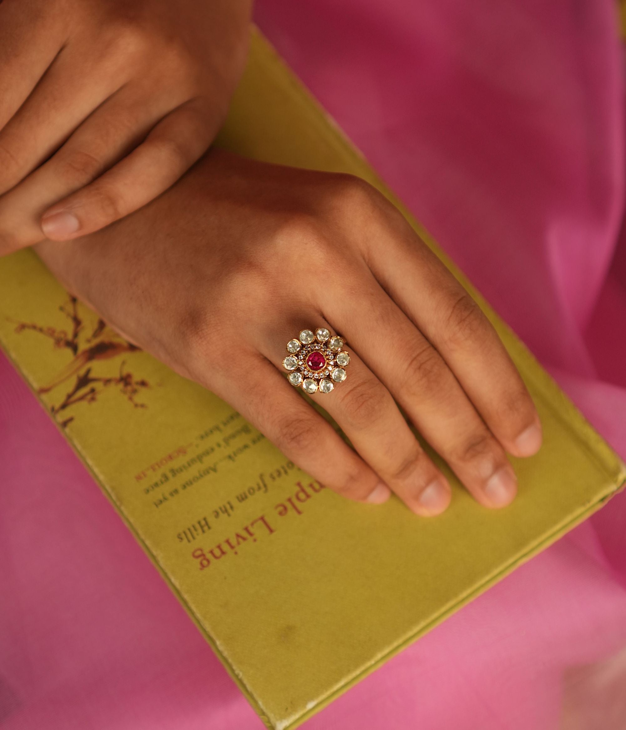 Elegant Mahi Silver Ring with Polki Red Gemstone CZ Stones