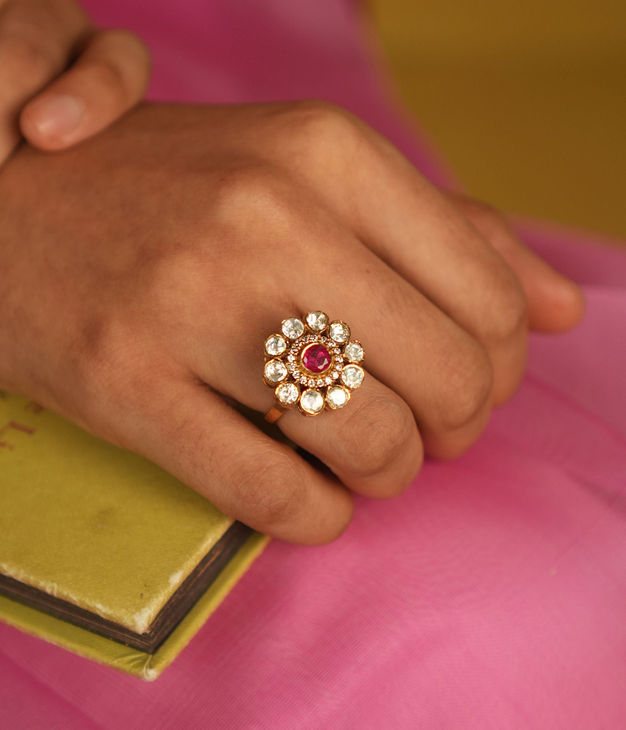 Festive Silver Ring Polki and Red Gemstone Handmade in Chennai